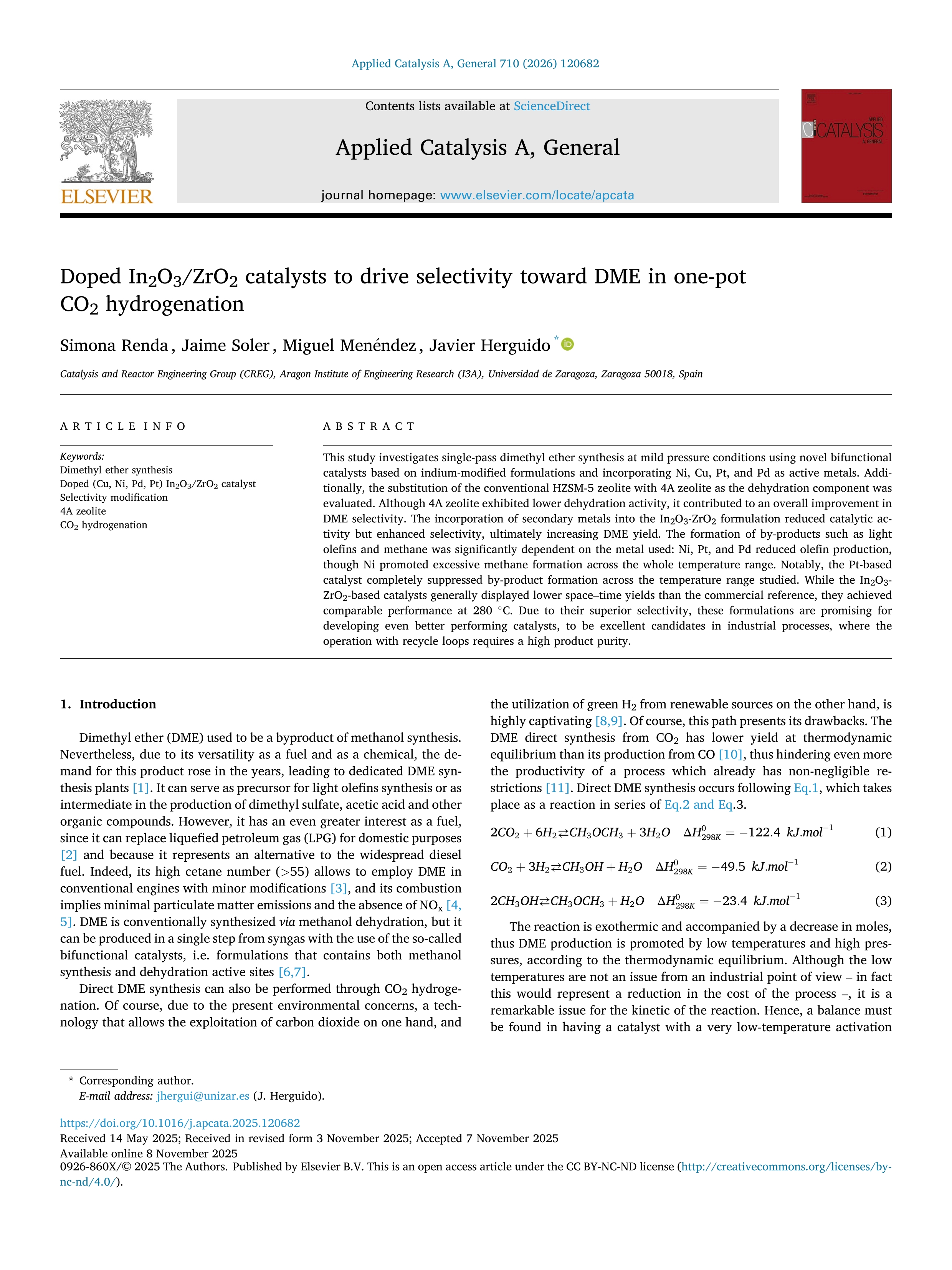 Doped In2O3/ZrO2 catalysts to drive selectivity toward DME in one-pot CO2 hydrogenation