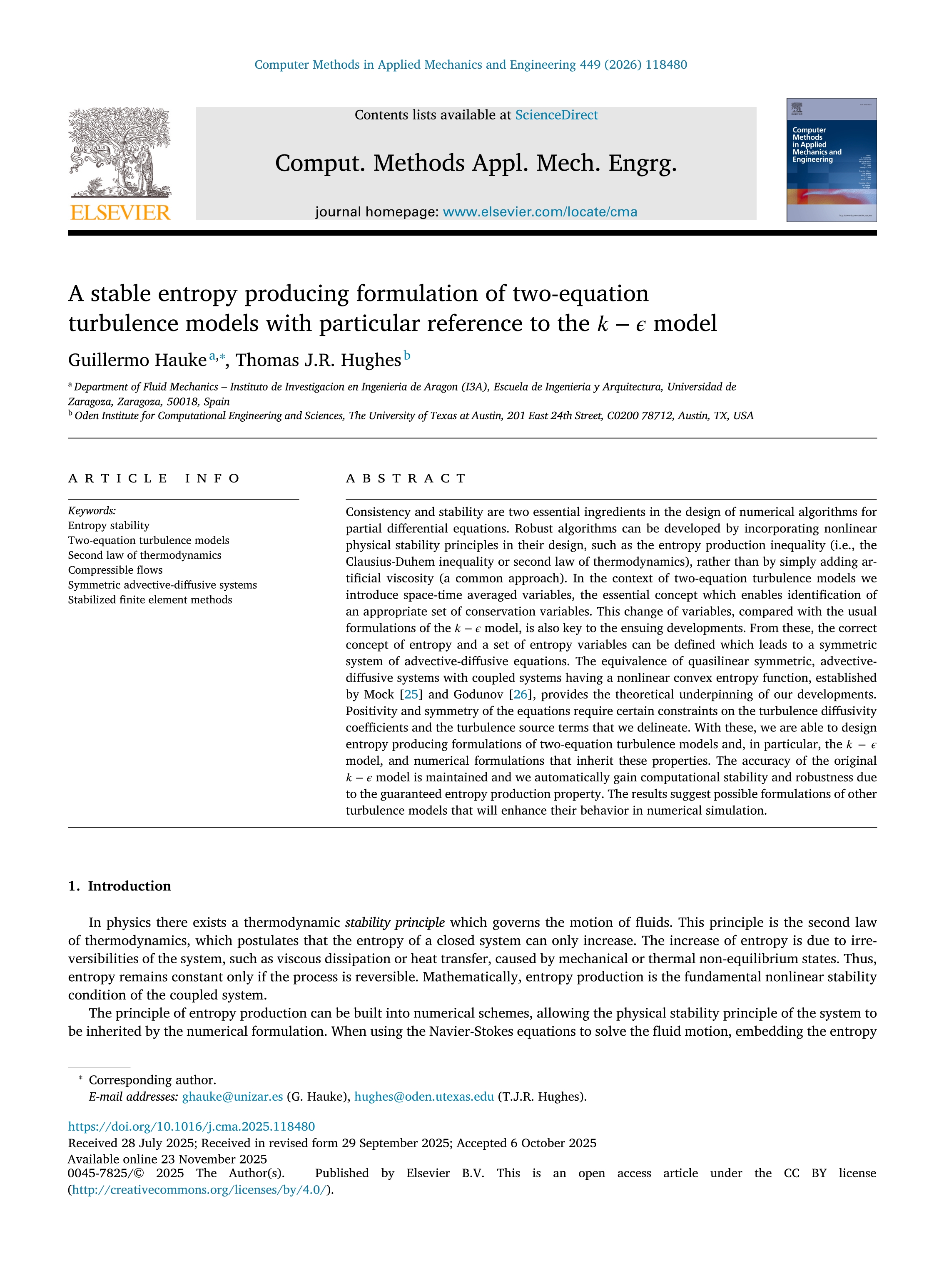 A stable entropy producing formulation of two-equation turbulence models with particular reference to the  −  model