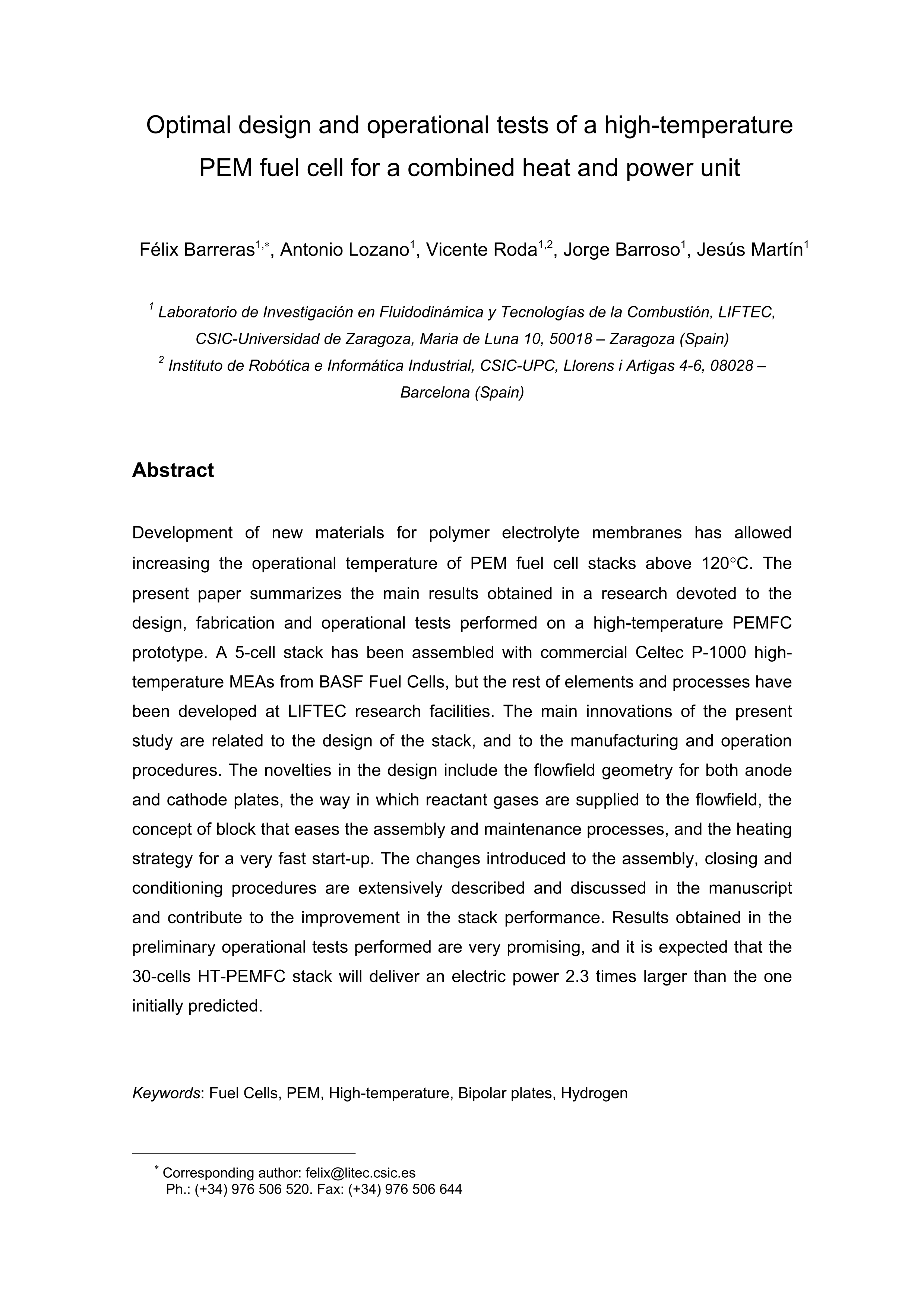 Optimal design and operational tests of a high-temperature PEM fuel cell for a combined heat and power unit