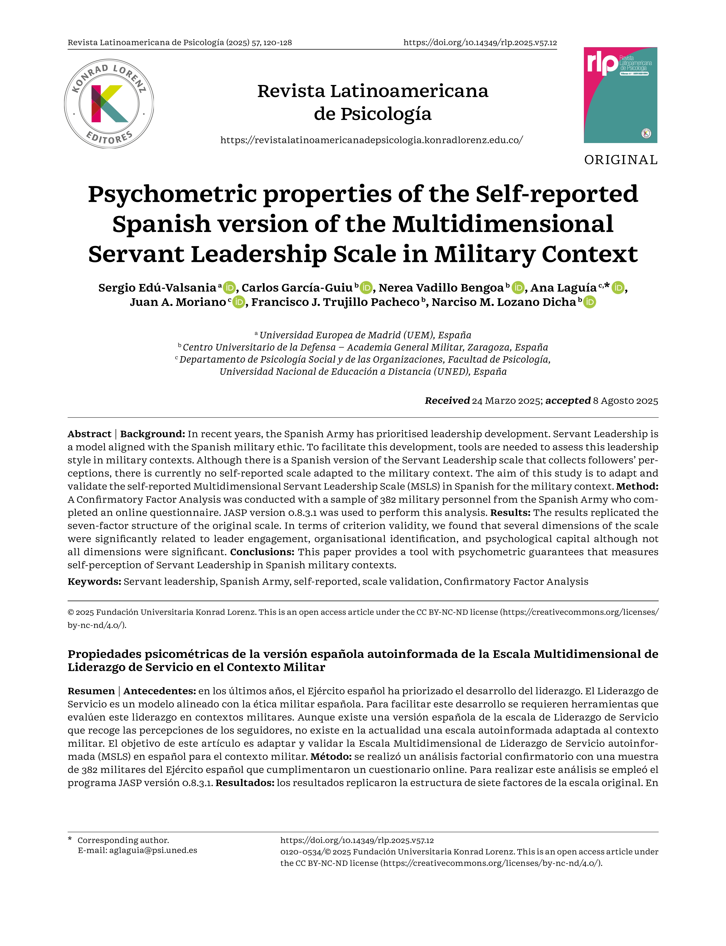 Psychometric properties of the Self-reported Spanish version of the Multidimensional Servant Leadership Scale in Military Context