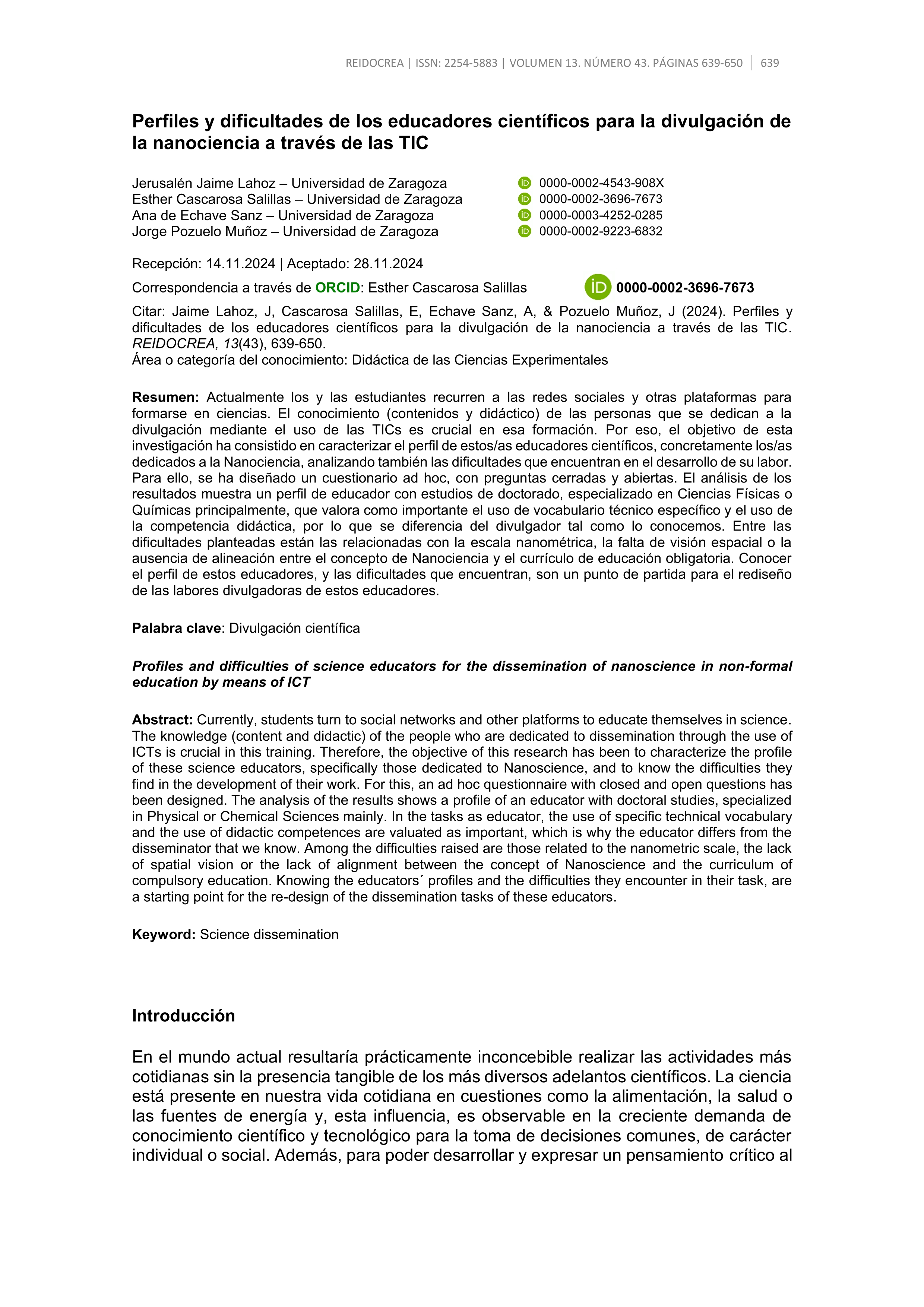 Perfiles y dificultades de los educadores científicos para la divulgación de la nanociencia a través de las TIC
