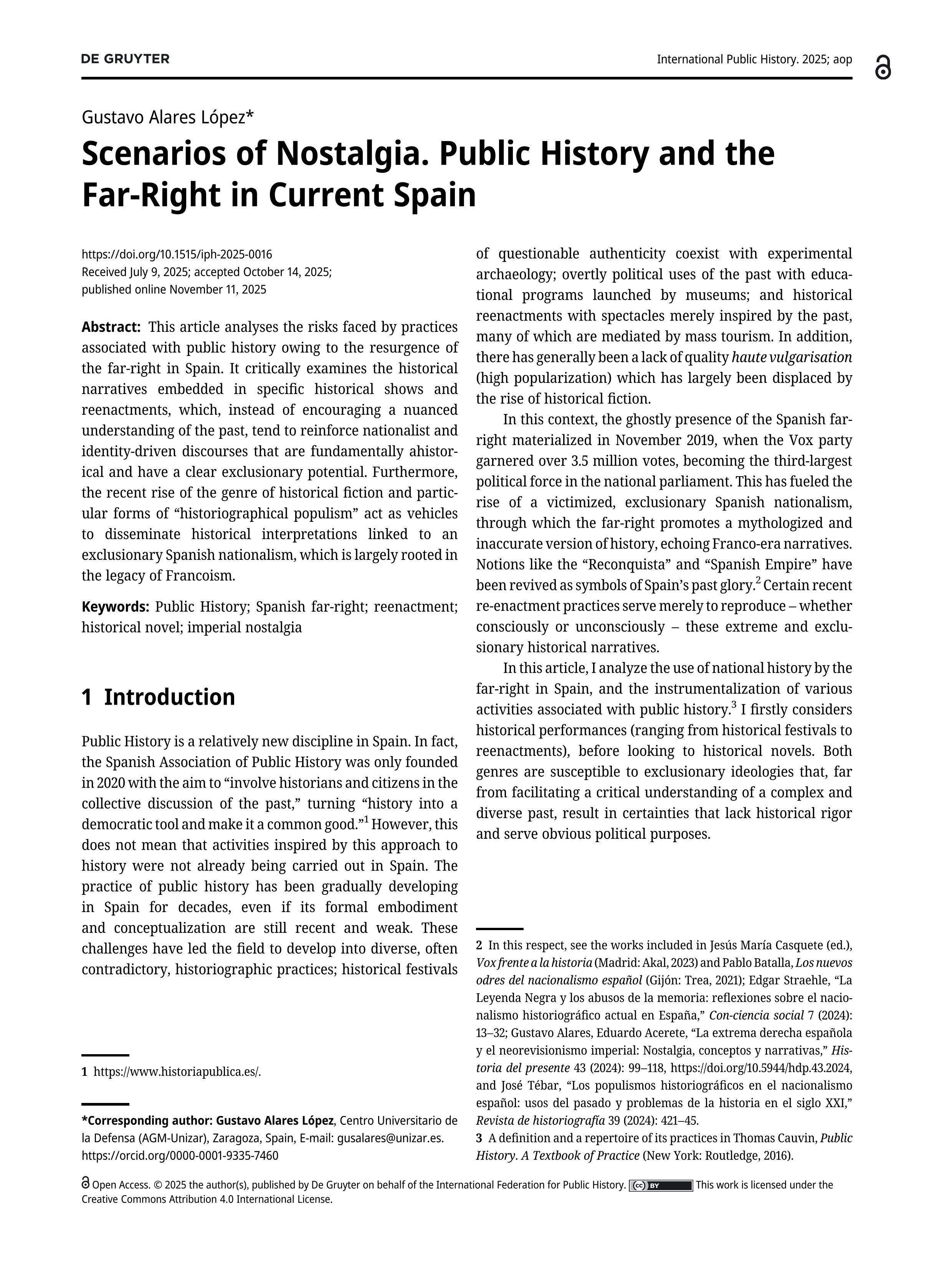 Scenarios of Nostalgia. Public History and the Far-Right in Current Spain