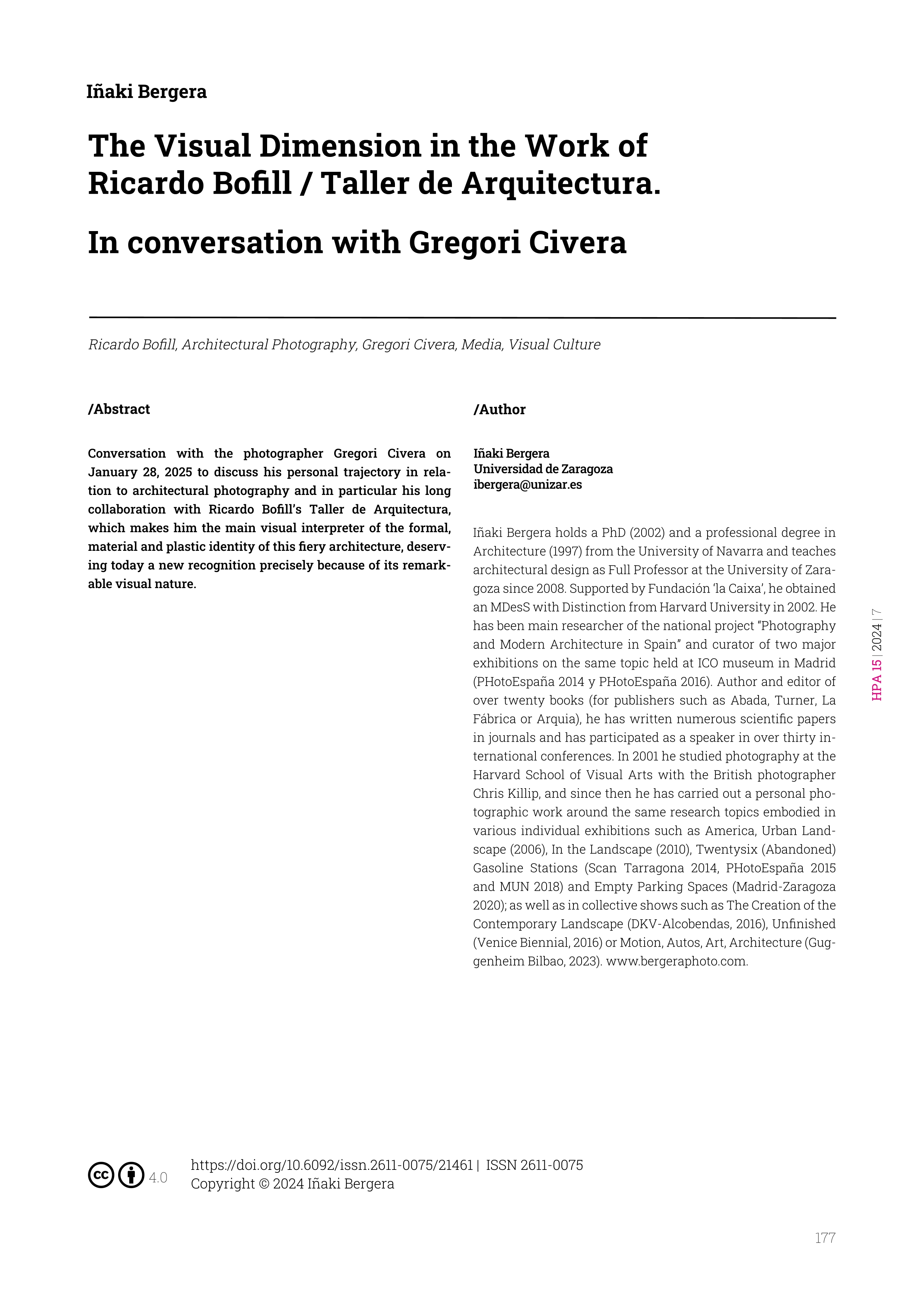 The Visual Dimension in the Work of Ricardo Bofill/Taller de Arquitectura. In conversation with Gregori Civera