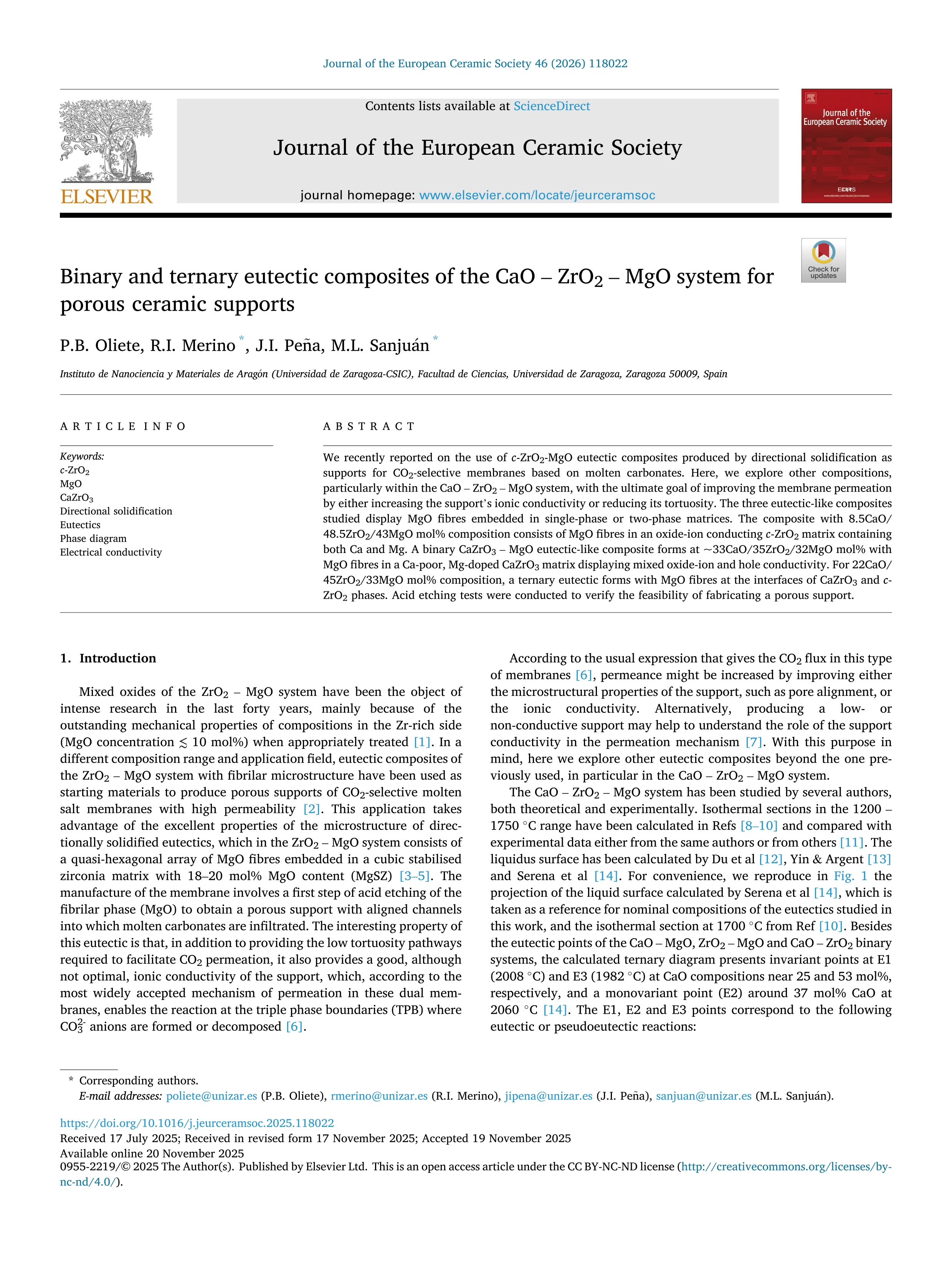 Binary and ternary eutectic composites of the CaO – ZrO2 – MgO system for porous ceramic supports