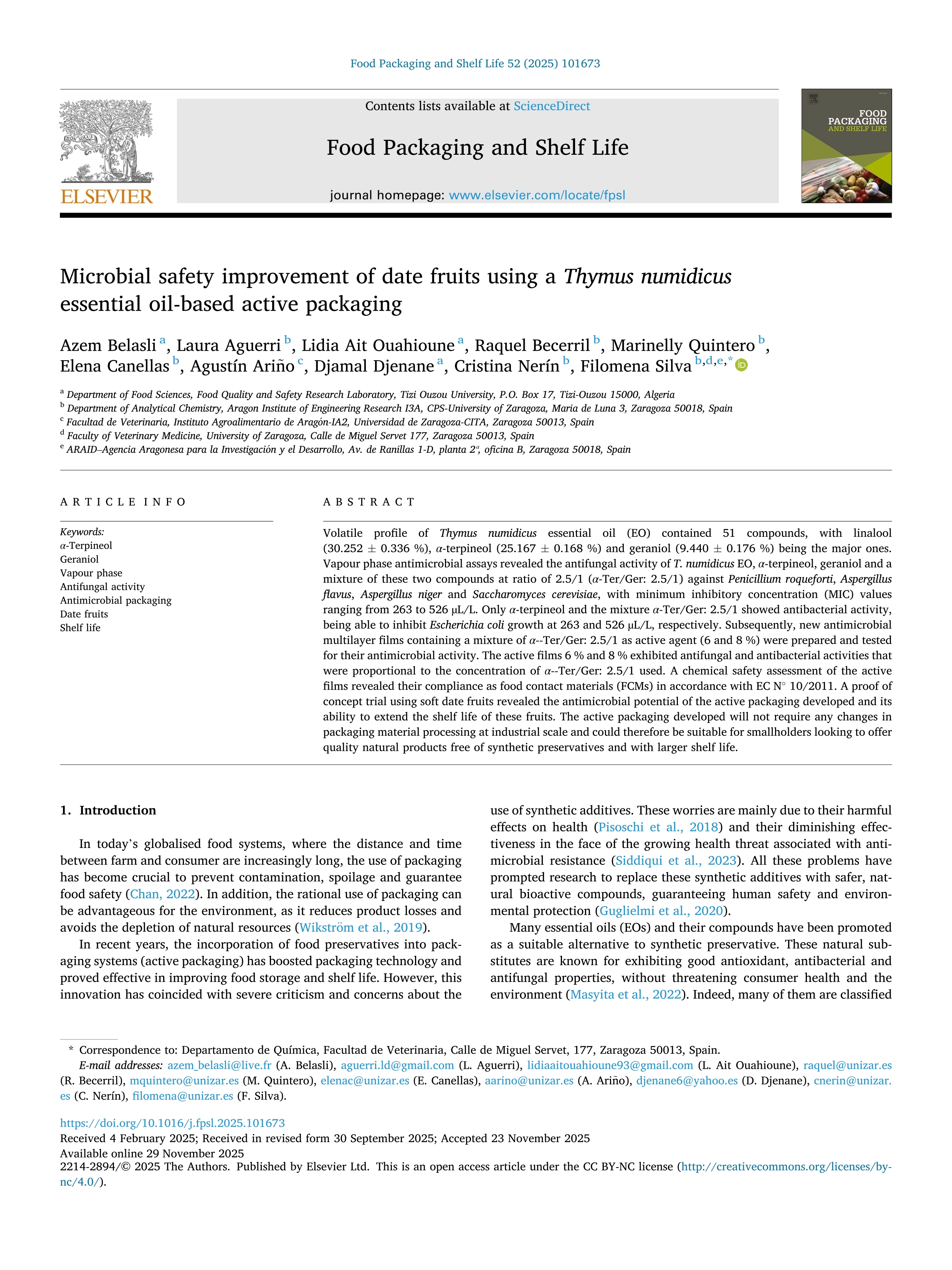 Microbial safety improvement of date fruits using a Thymus numidicus essential oil-based active packaging