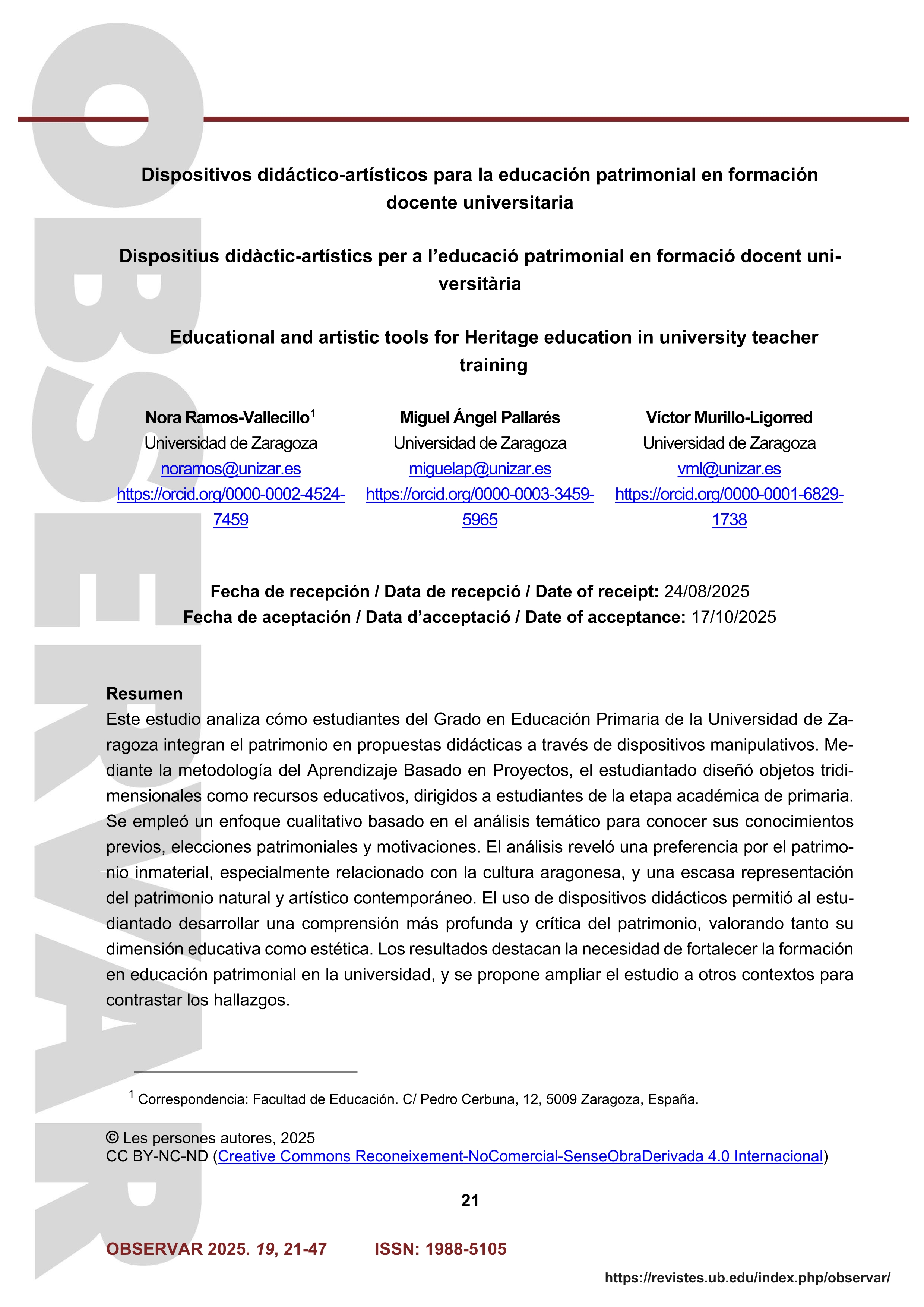 Dispositivos didáctico-artísticos para la educación patrimonial en formación docente universitaria.
