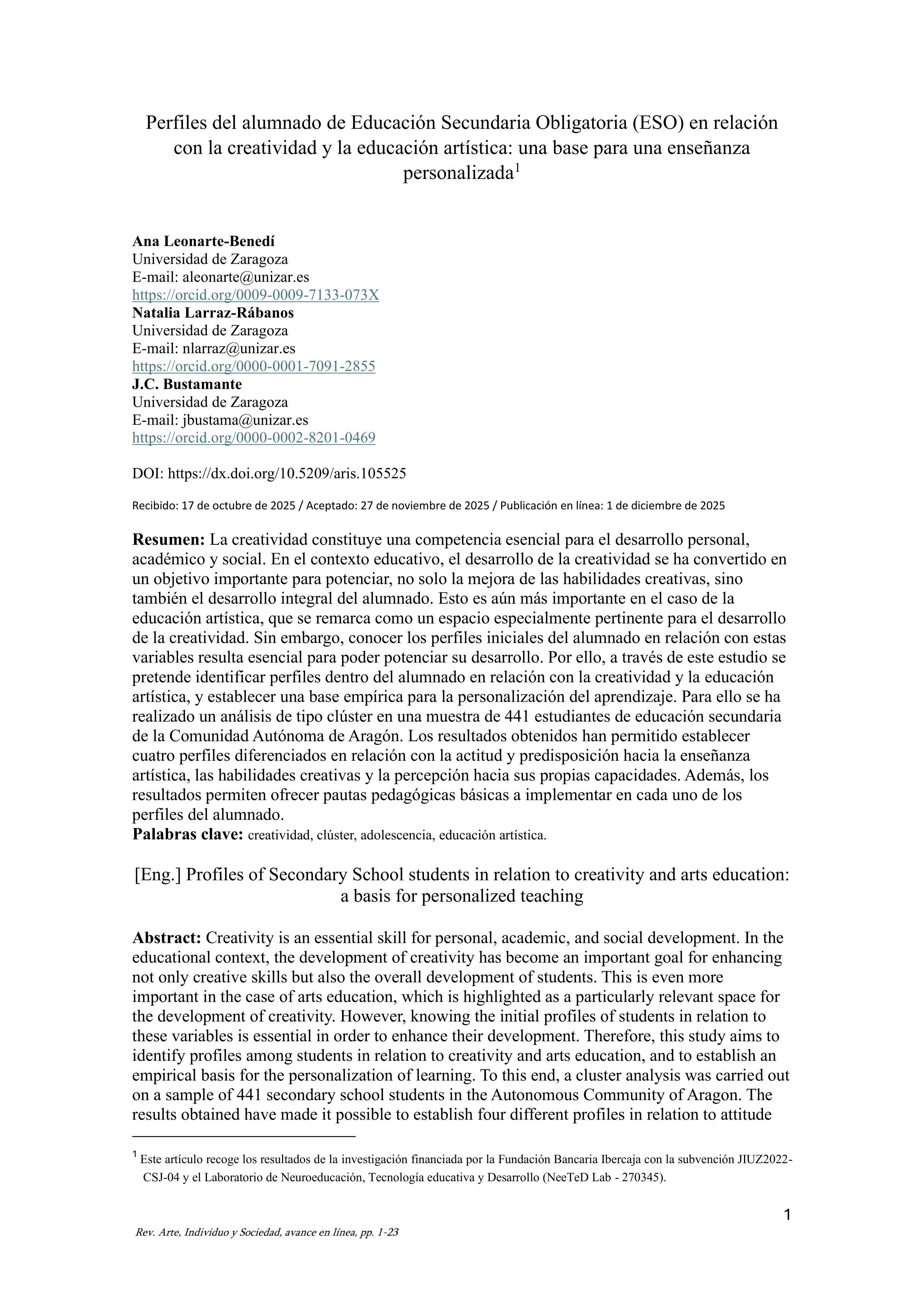 Perfiles del alumnado de Educación Secundaria Obligatoria (ESO) en relación con la creatividad y la educación artística: una base para una enseñanza personalizada