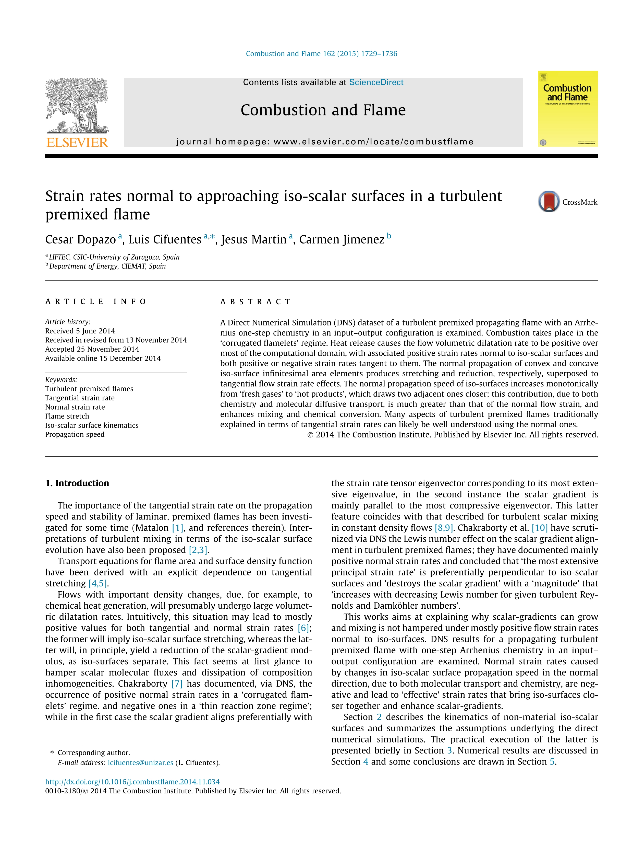 Strain rates normal to approaching iso-scalar surfaces in a turbulent premixed flame