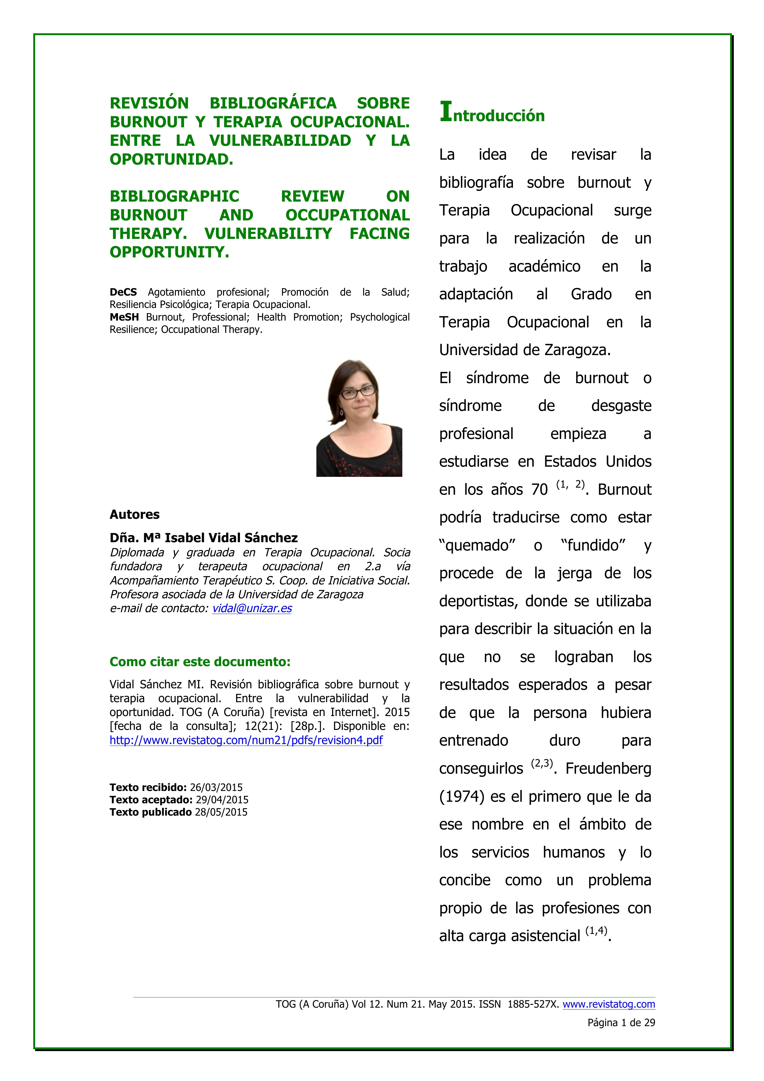 Revisión bibliográfica sobre burnout y terapia ocupacional: entre la vulnerabilidad y la oportunidad