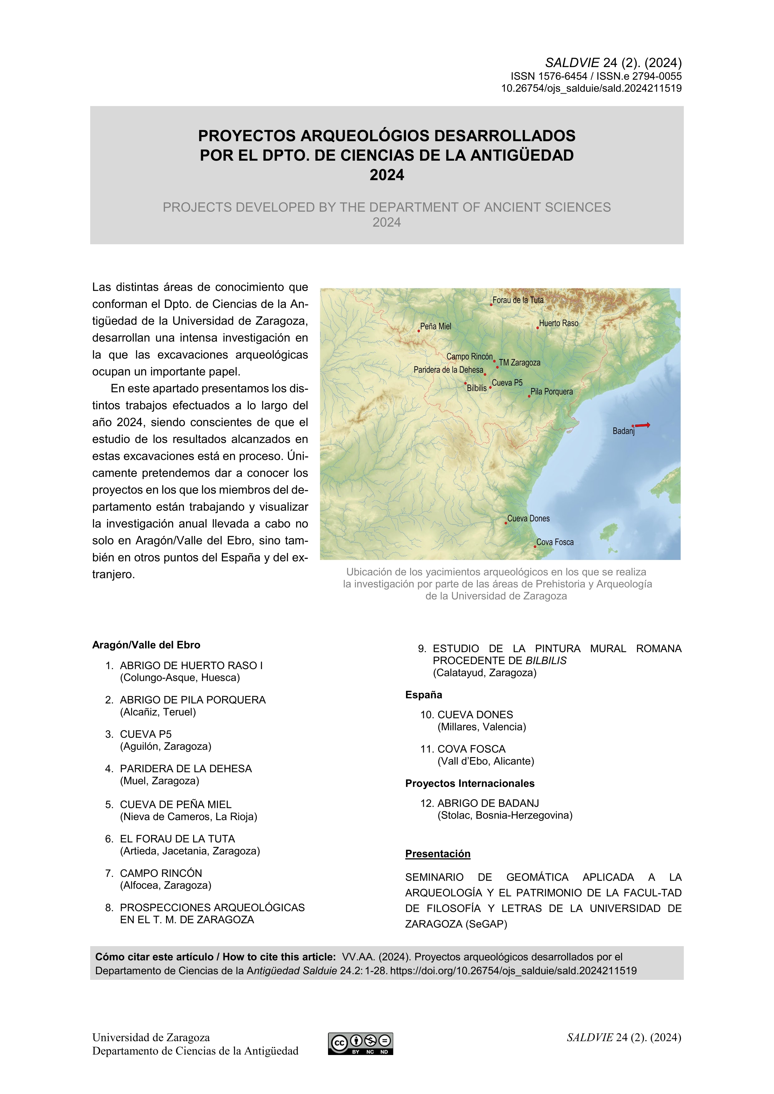 Proyectos arqueológicos desarrollados por el Dpto. de Ciencias de la Antigüedad 2024