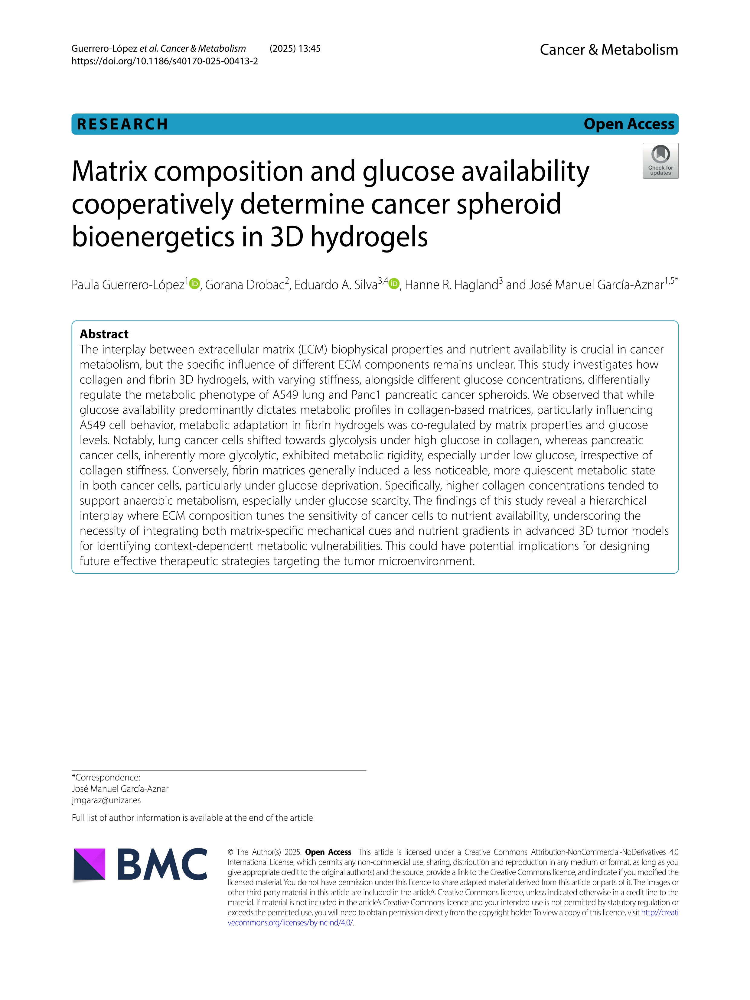 Matrix composition and glucose availability cooperatively determine cancer spheroid bioenergetics in 3D hydrogels
