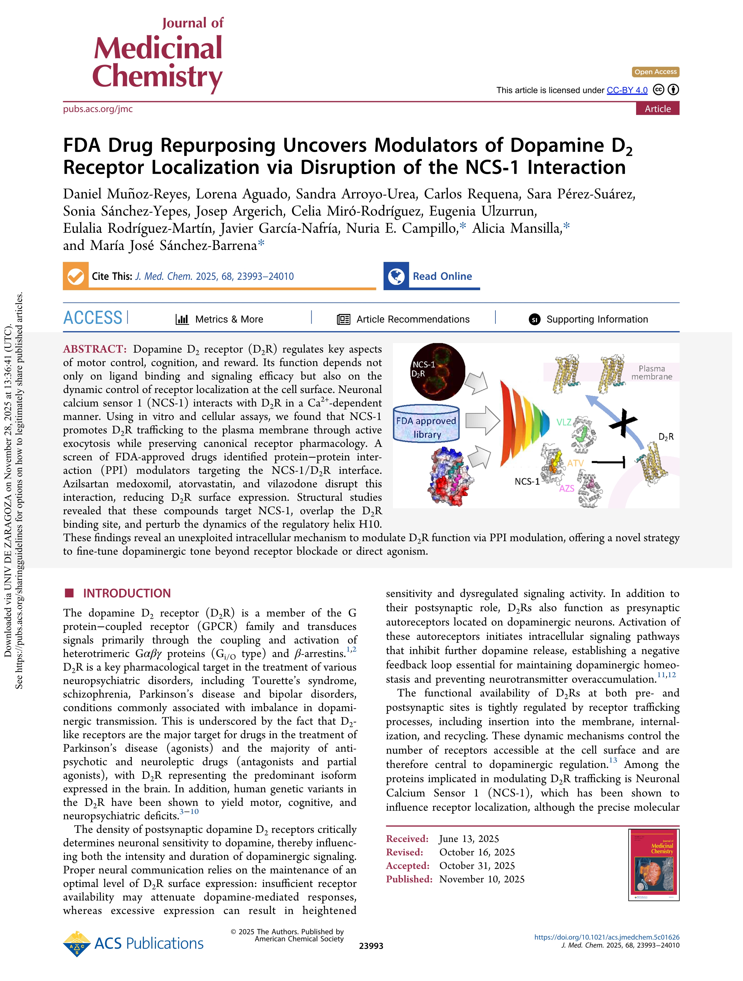FDA Drug Repurposing Uncovers Modulators of Dopamine D<sub>2</sub> Receptor Localization via Disruption of the NCS-1 Interaction