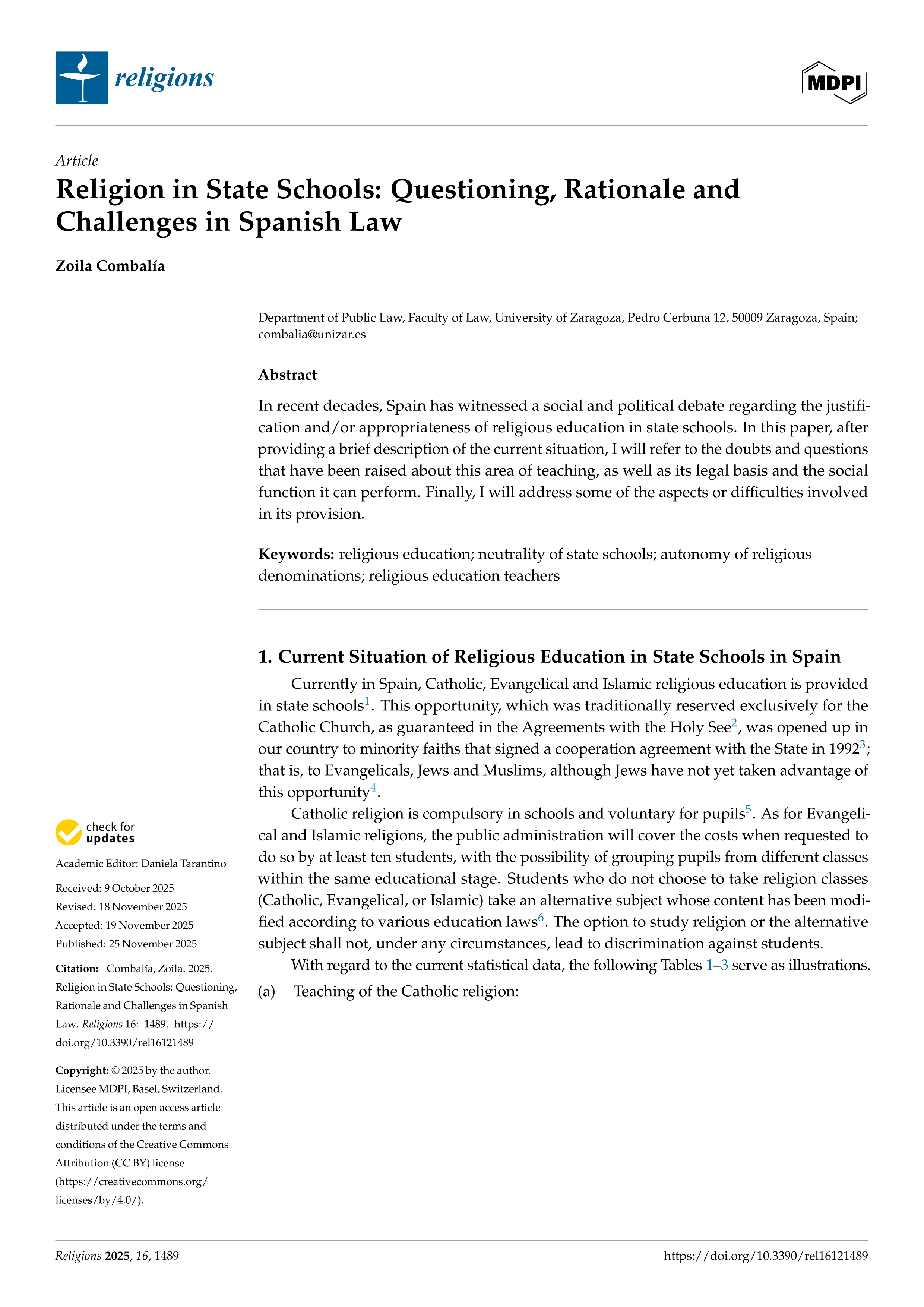 Religion in State Schools: Questioning, Rationale and Challenges in Spanish Law