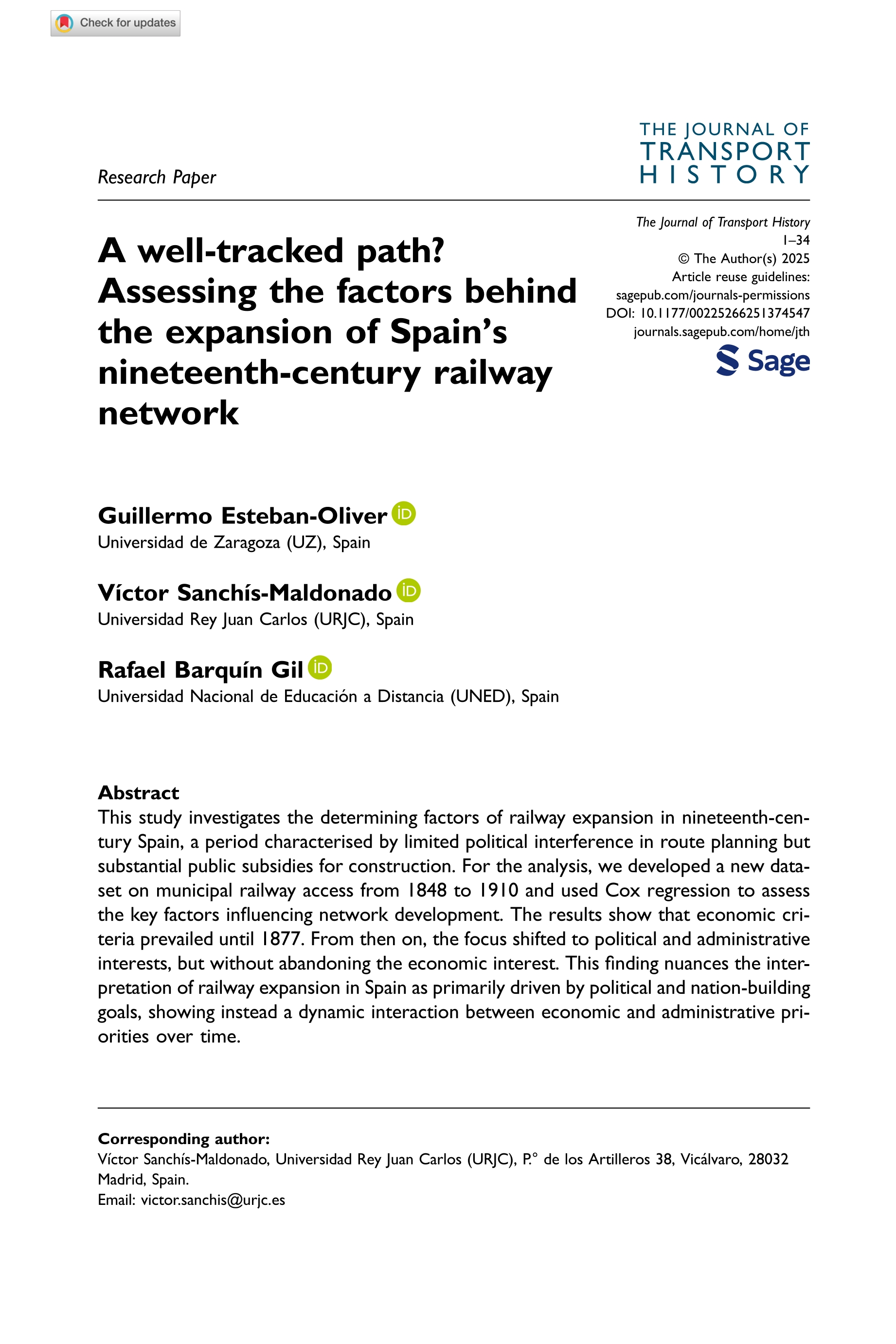 A well-tracked path? Assessing the factors behind the expansion of Spain's nineteenth-century railway network