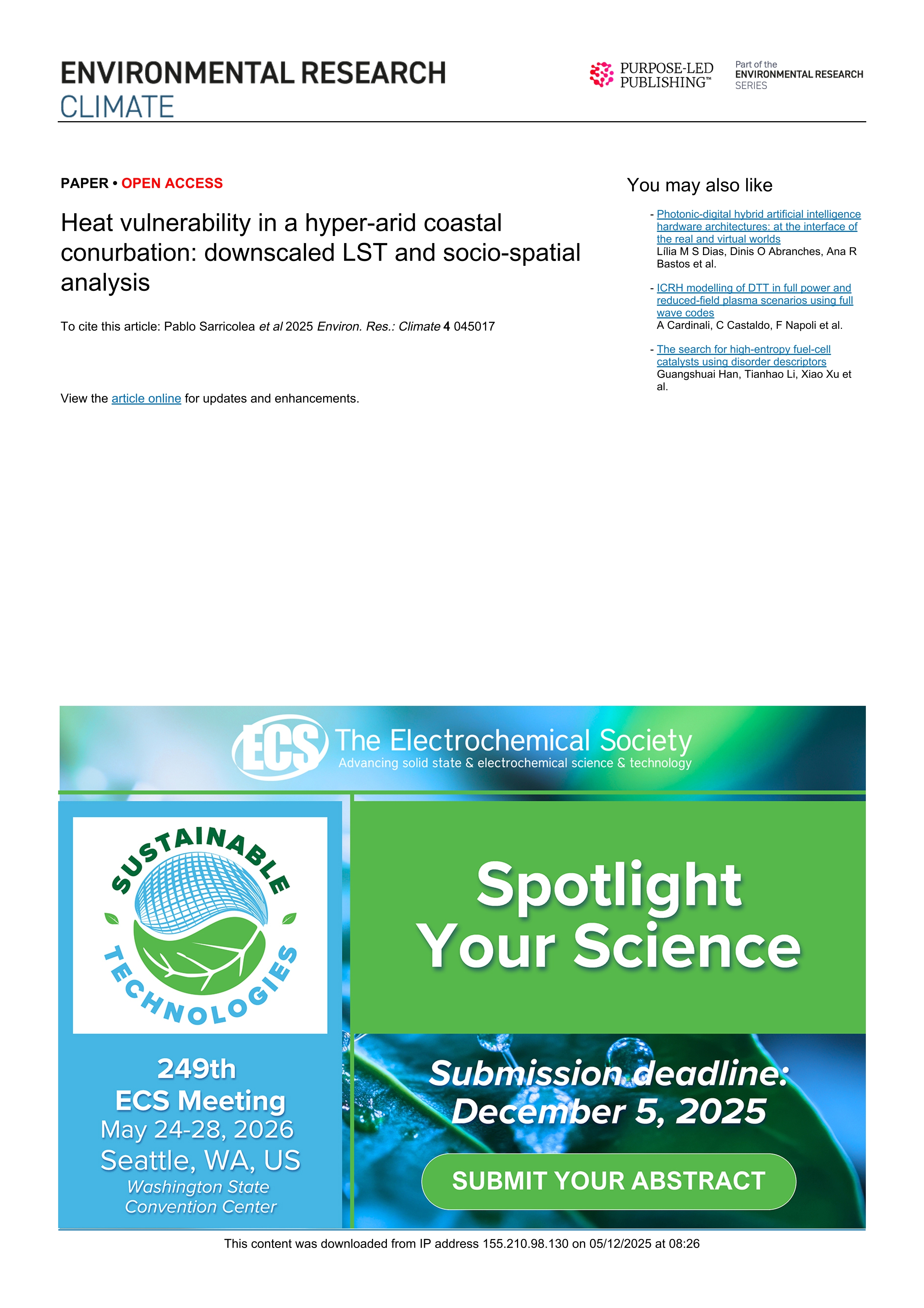 Heat vulnerability in a hyper-arid coastal conurbation: downscaled LST and socio-spatial analysis