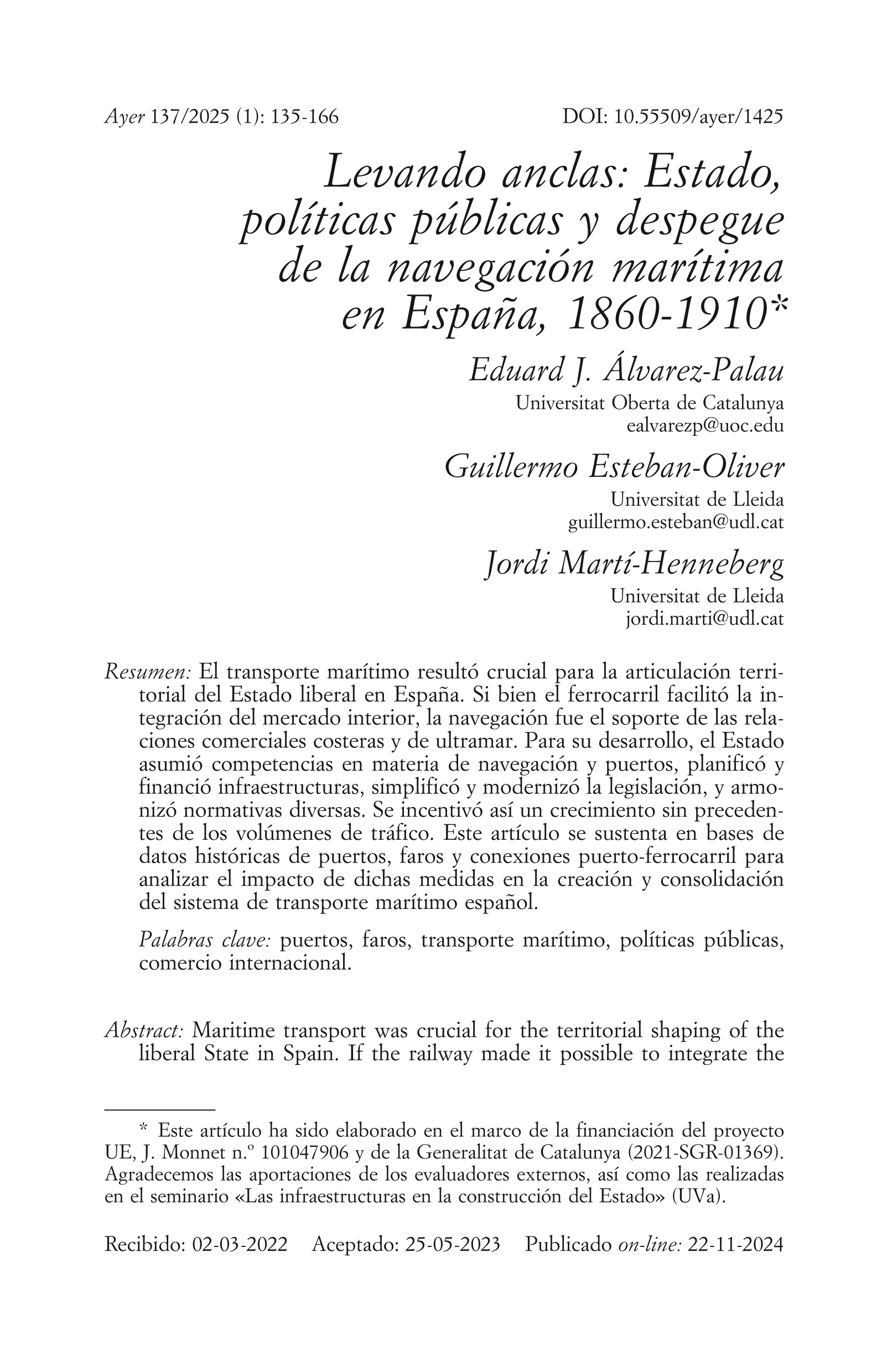 Levando anclas: Estado, políticas públicas y despegue de la navegación marítima en España, 1860-1910