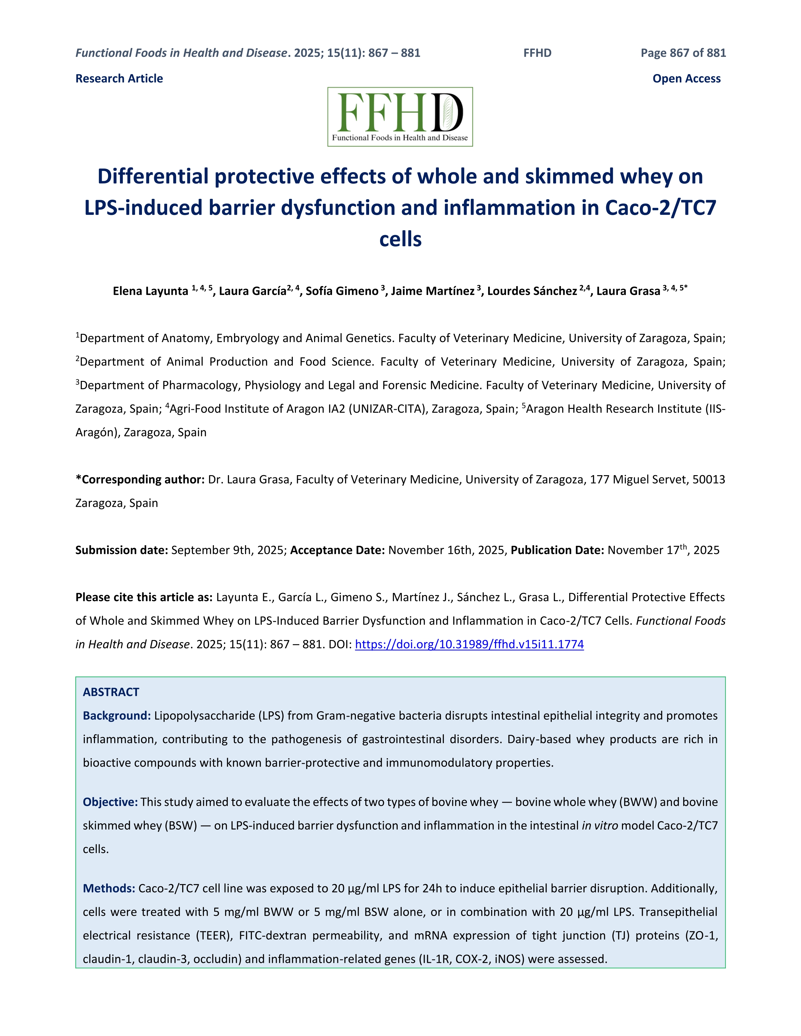 Differential protective effects of whole and skimmed whey on LPS-induced barrier dysfunction and inflammation in Caco-2/TC7 cells