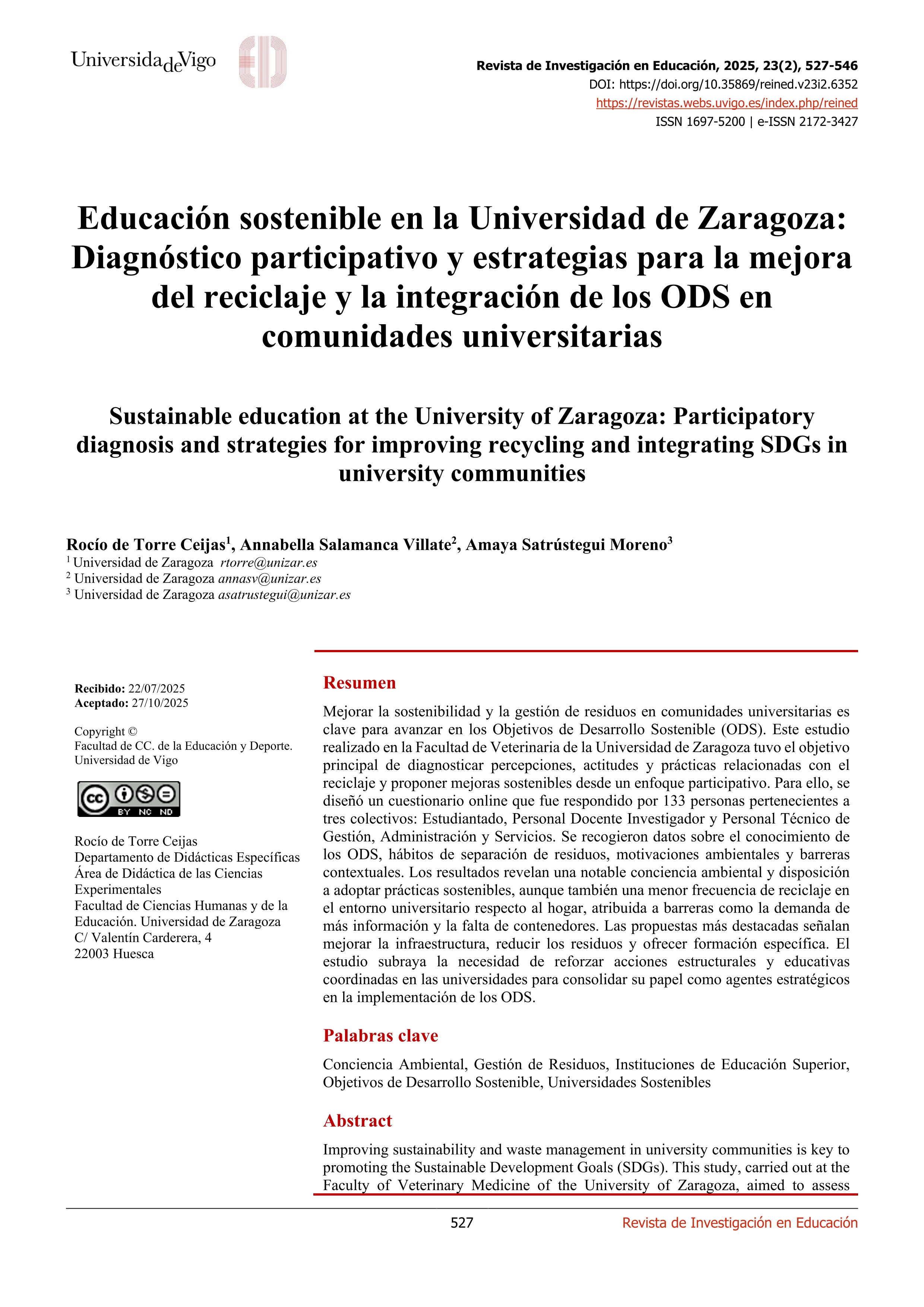 Educación sostenible en la Universidad de Zaragoza: Diagnóstico participativo y estrategias para la mejora del reciclaje y la integración de los ODS en comunidades universitarias