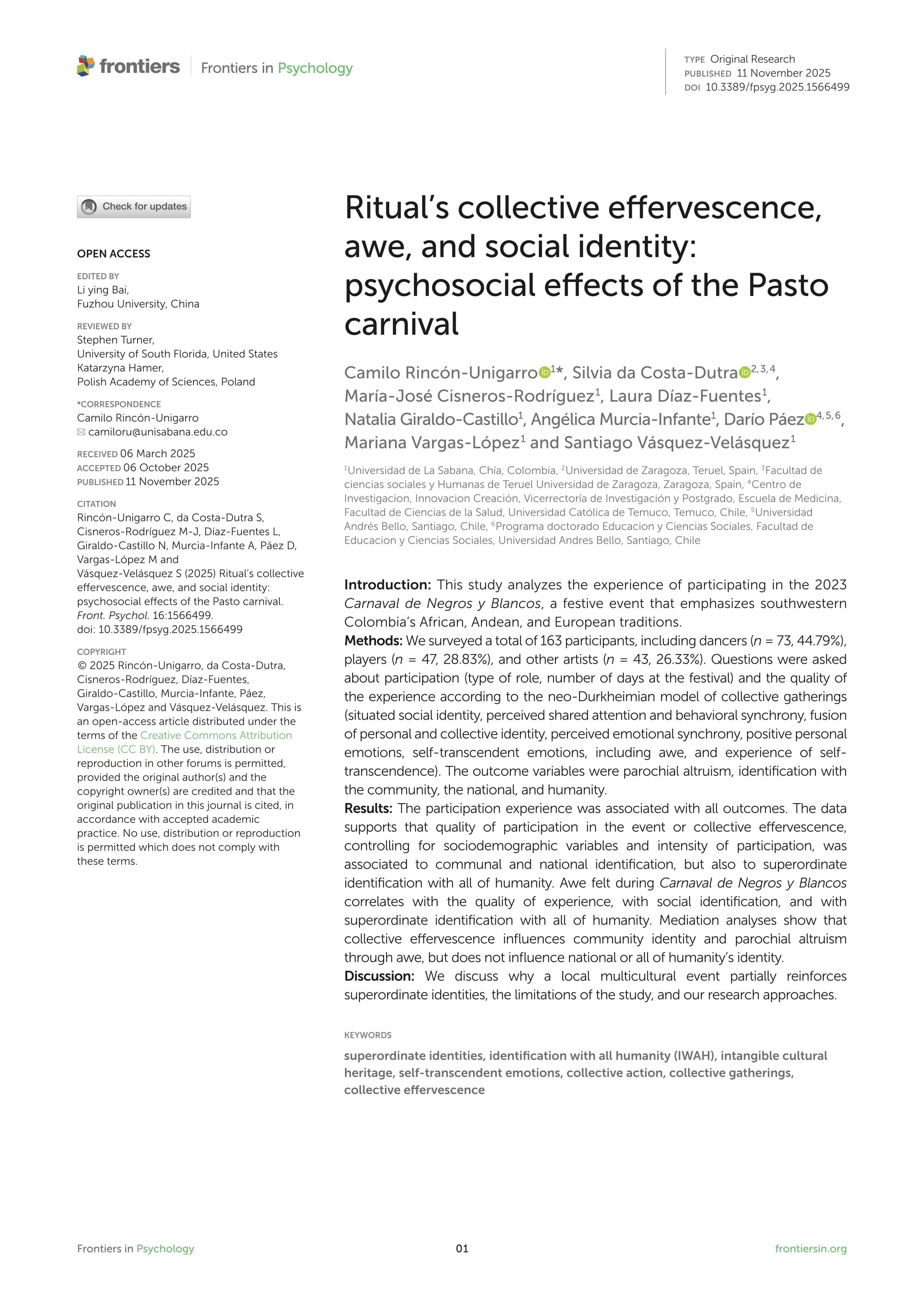 Ritual’s collective effervescence, awe, and social identity: psychosocial effects of the Pasto carnival