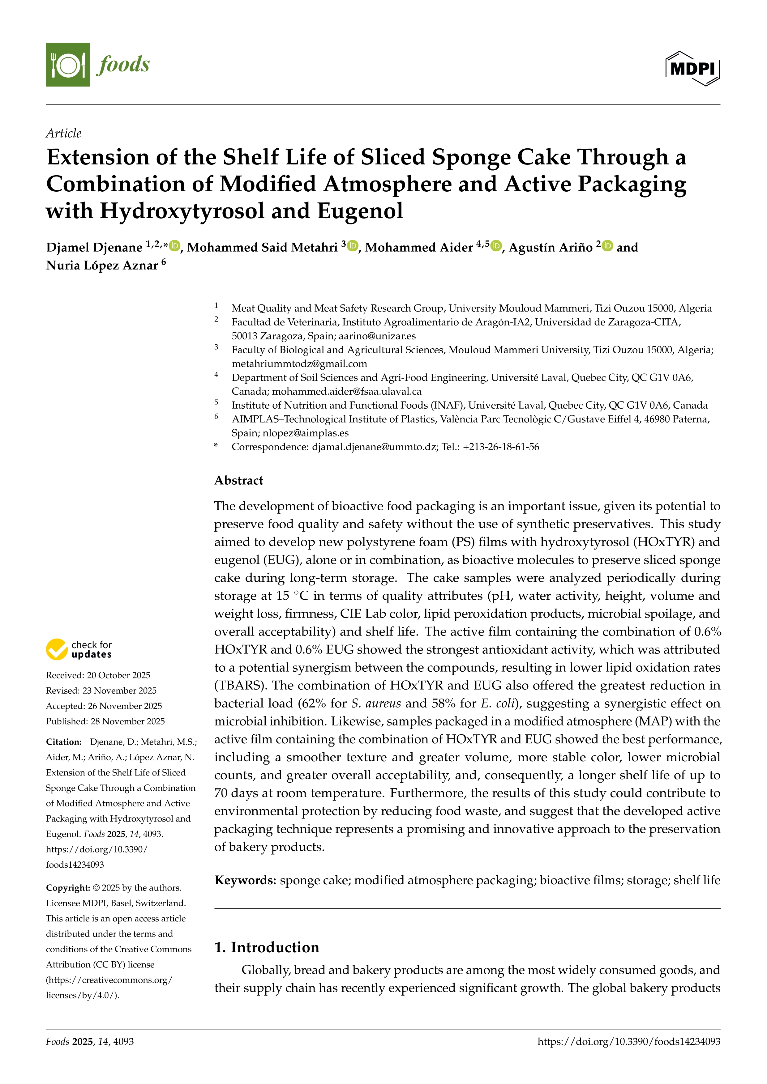 Extension of the shelf life of sliced sponge cake through a combination of modified atmosphere and active packaging with hydroxytyrosol and eugenol
