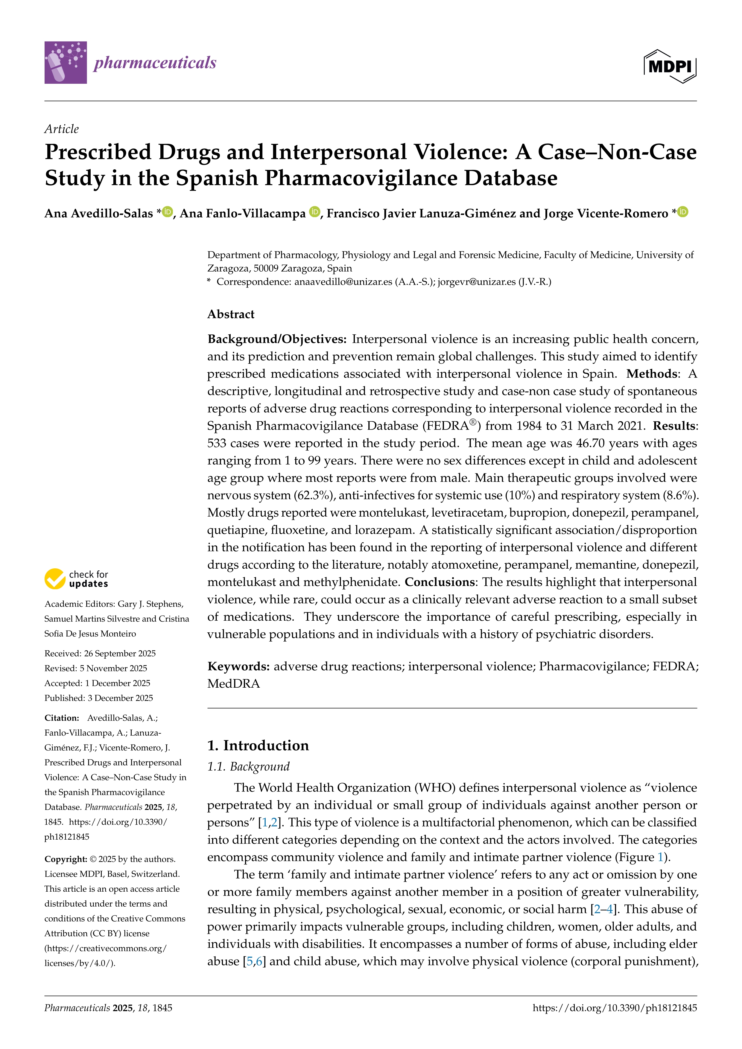 Prescribed Drugs and Interpersonal Violence: A Case–Non-Case Study in the Spanish Pharmacovigilance Database