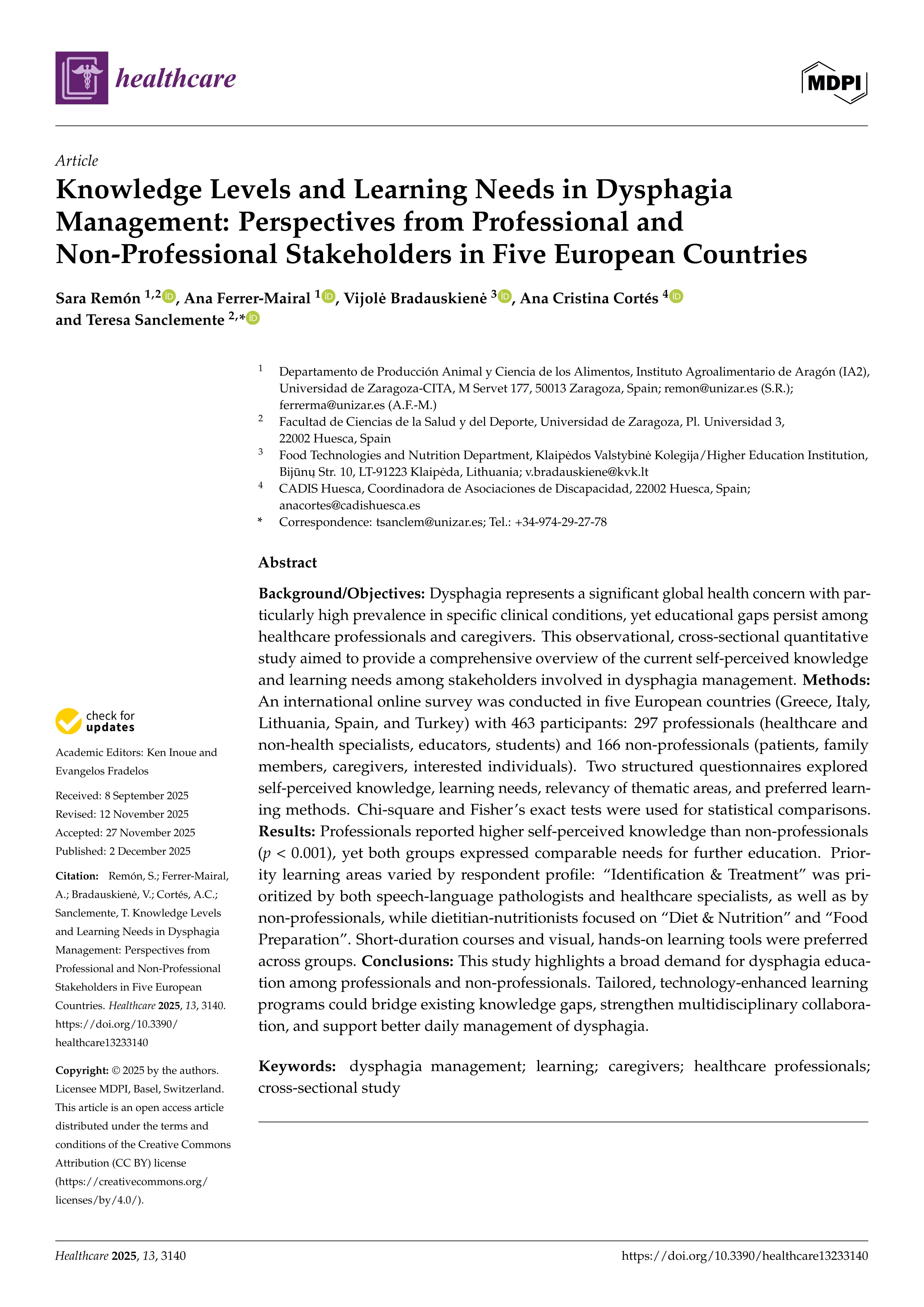 Knowledge levels and learning needs in dysphagia management: perspectives from professional and non-professional stakeholders in five european countries