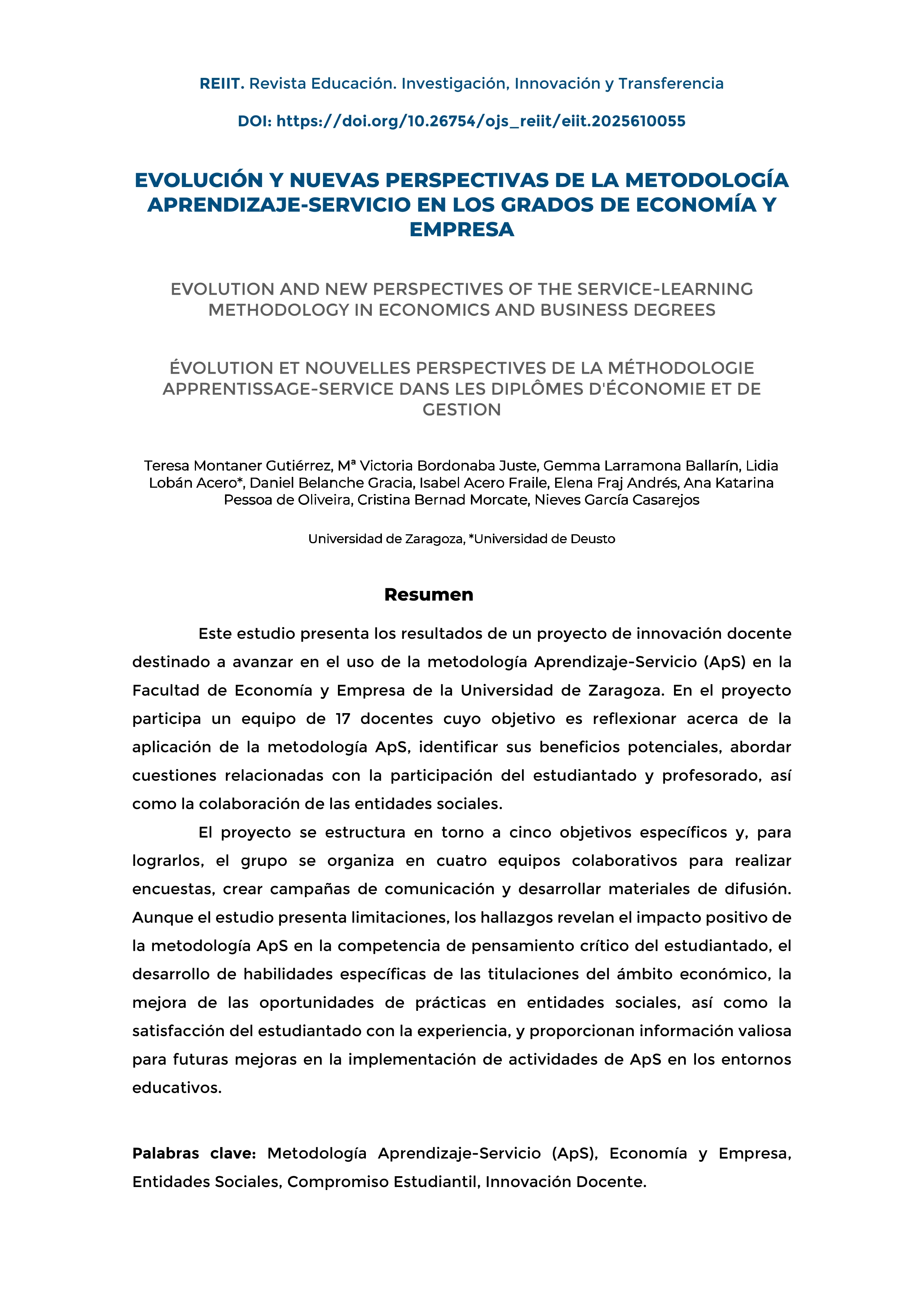 Evolución y nuevas perspectivas de la metodología aprendizaje-servicio en los Grados de Economía y Empresa