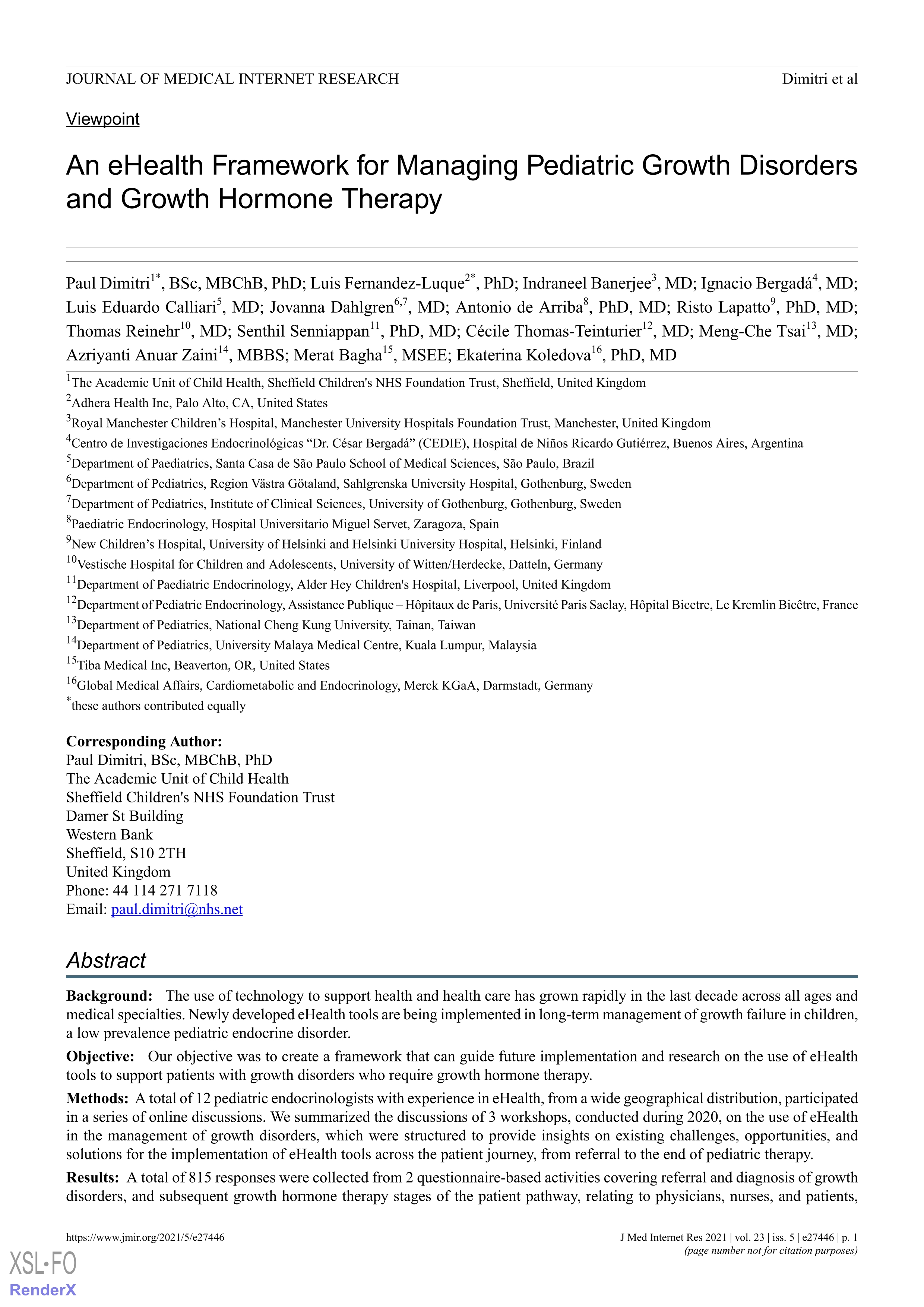 An eHealth Framework for Managing Pediatric Growth Disorders and Growth Hormone Therapy