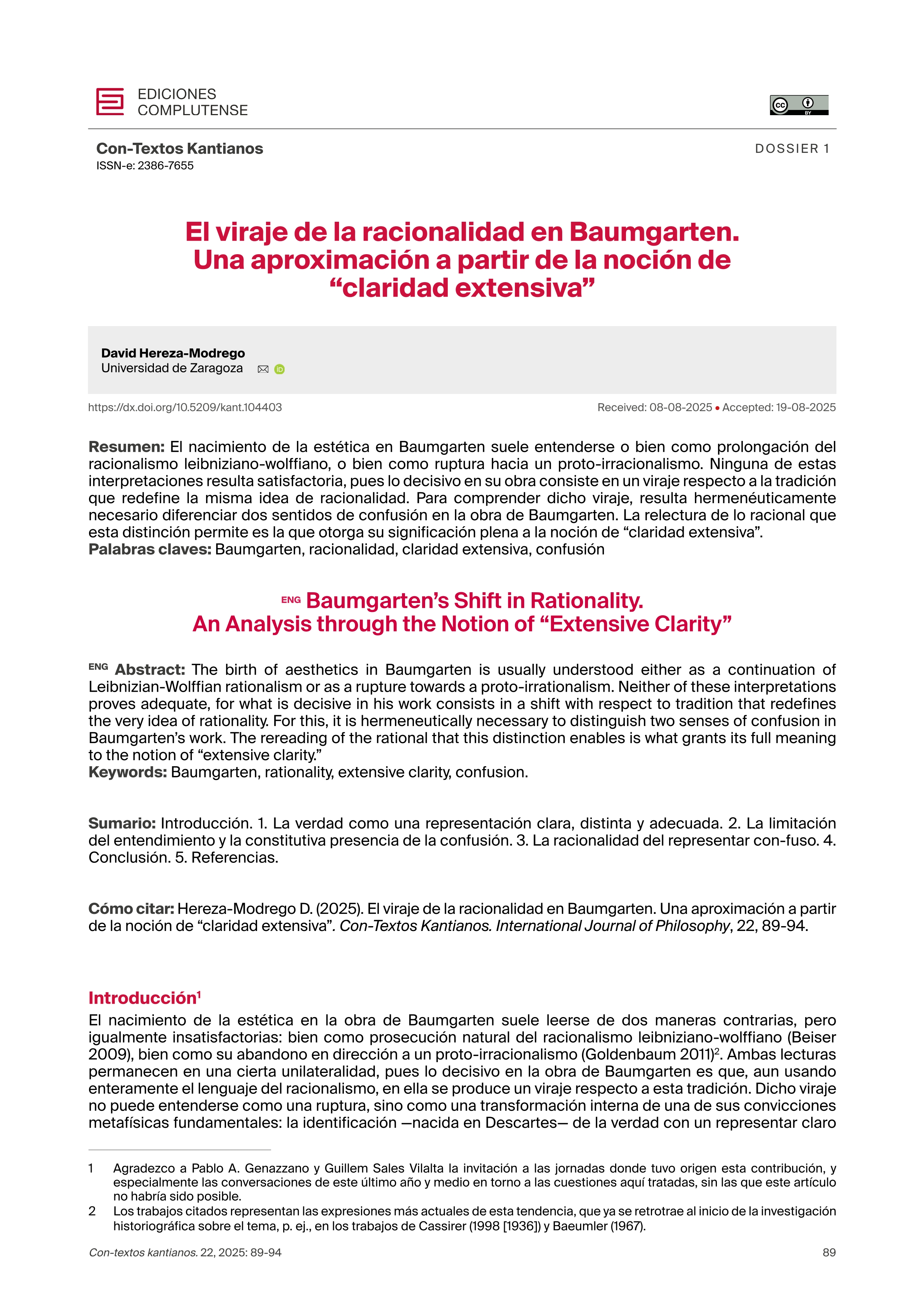 El viraje de la racionalidad en Baumgarten. Una aproximación a partir de la noción de “claridad extensiva”