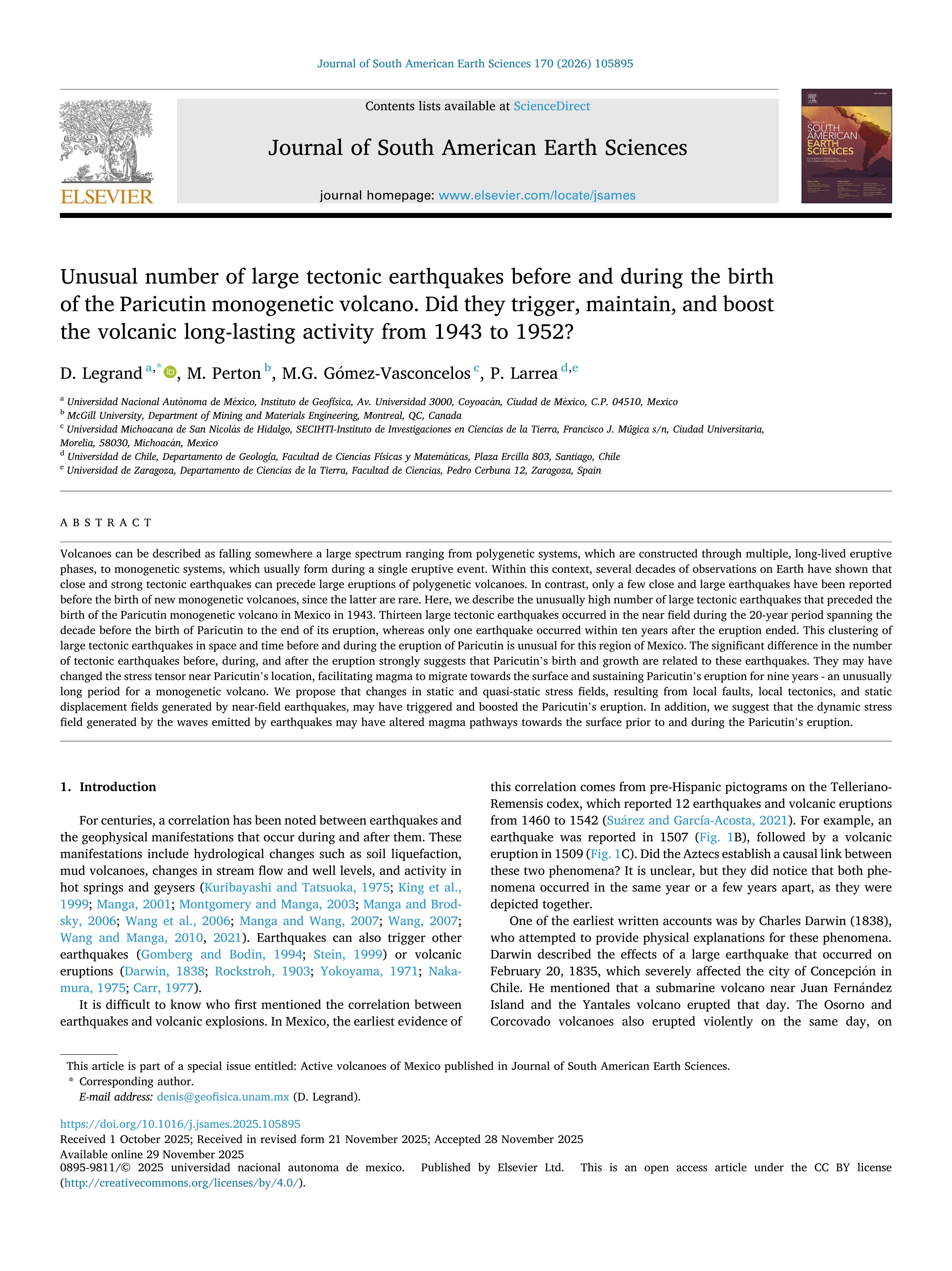 Unusual number of large tectonic earthquakes before and during the birth of the Paricutin monogenetic volcano. Did they trigger, maintain, and boost the volcanic long-lasting activity from 1943 to 1952?