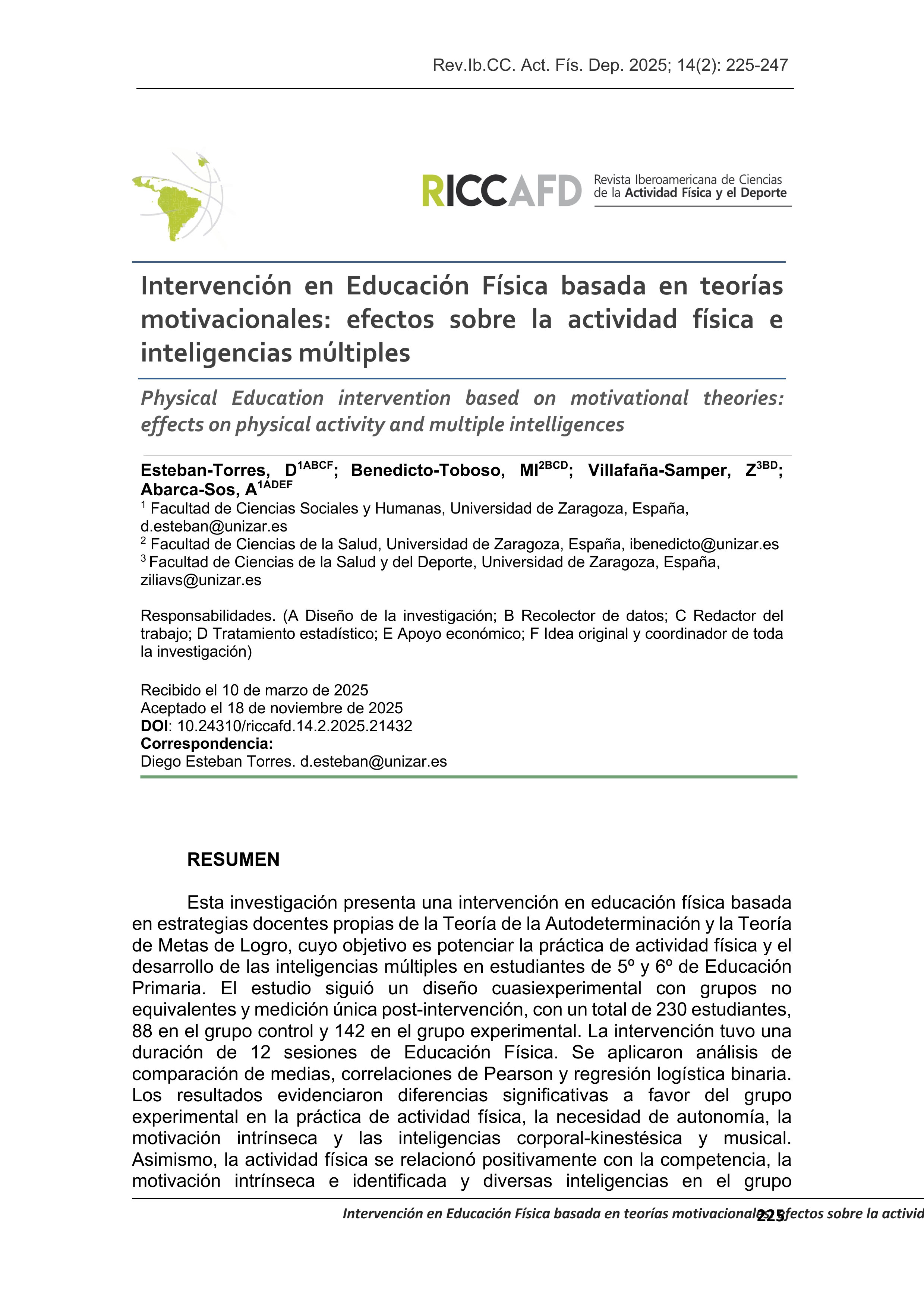Intervención en Educación Física basada en teorías motivacionales: efectos sobre la actividad física e inteligencias múltiples
