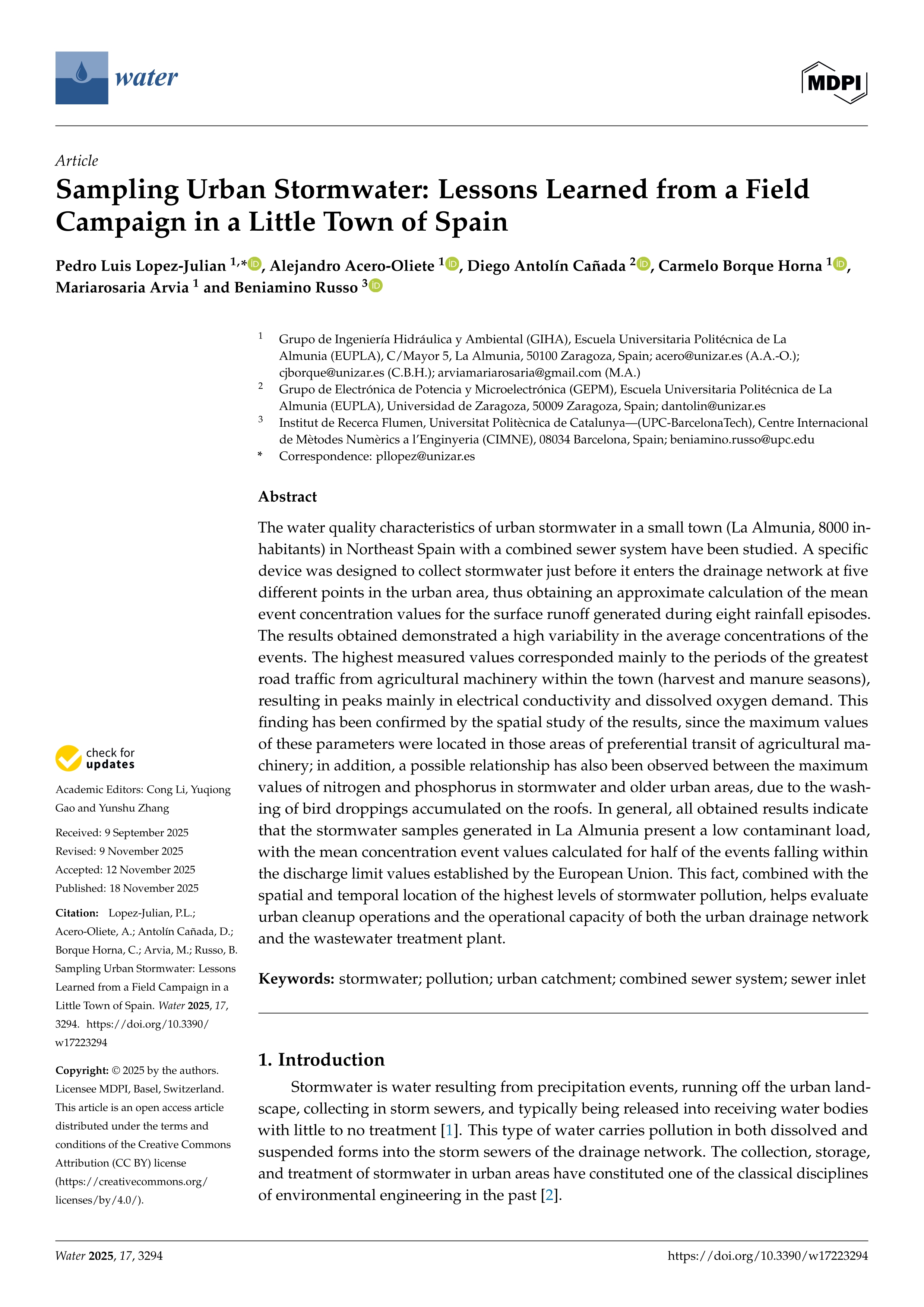 Sampling Urban Stormwater: Lessons Learned from a Field Campaign in a Little Town of Spain