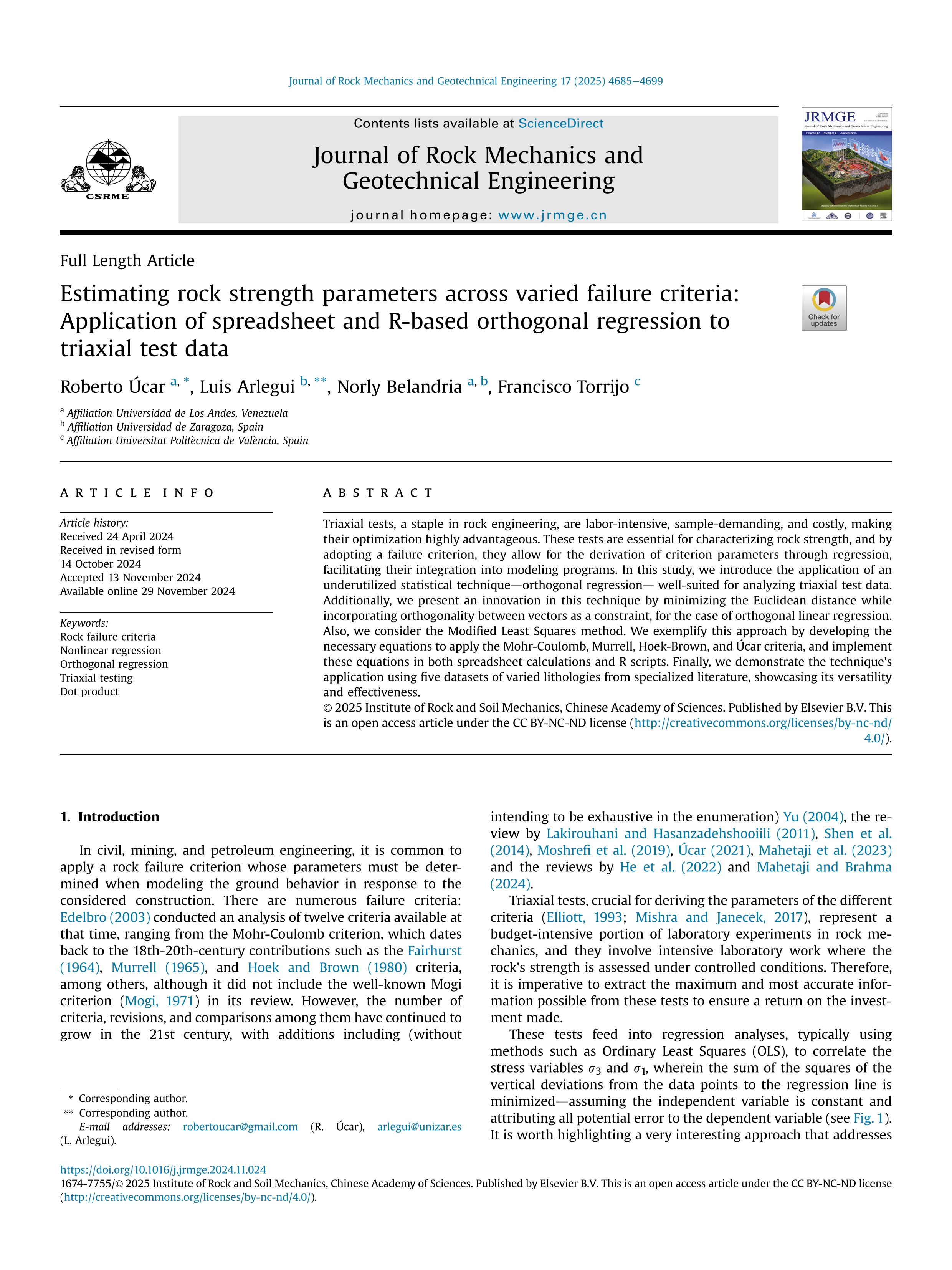 Estimating rock strength parameters across varied failure criteria: Application of spreadsheet and R-based orthogonal regression to triaxial test data