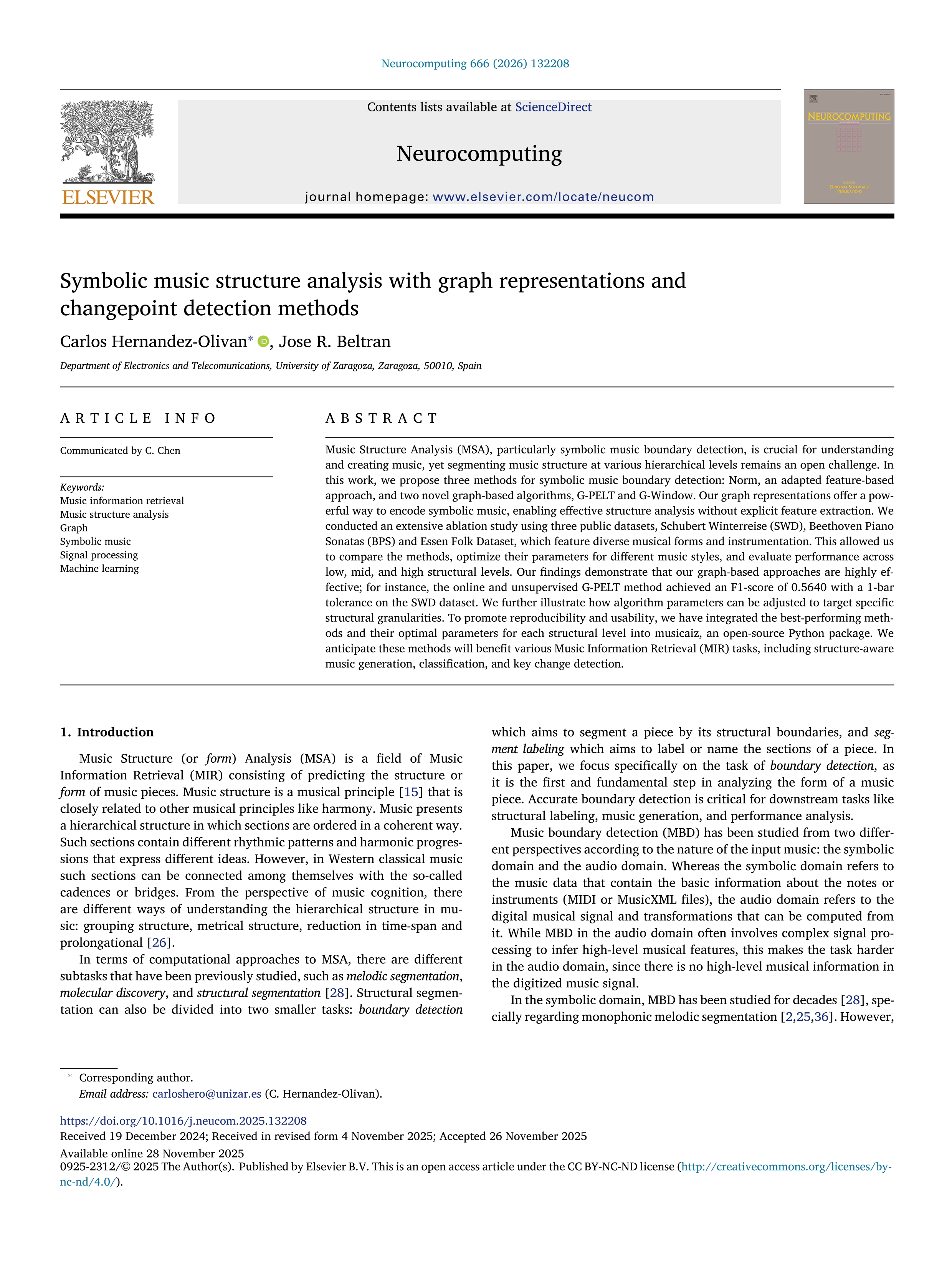 Symbolic music structure analysis with graph representations and changepoint detection methods