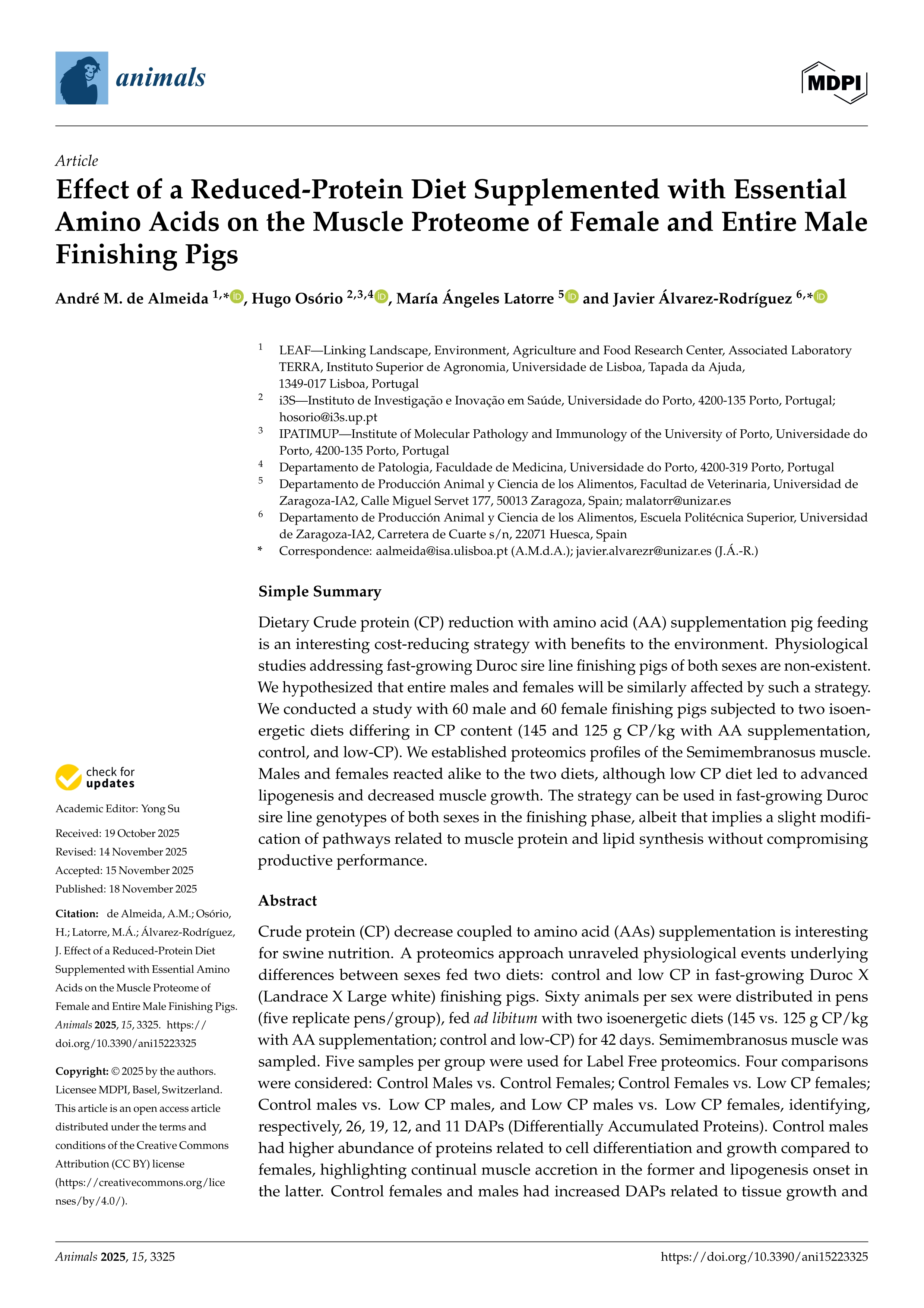 Effect of a Reduced-Protein Diet Supplemented with Essential Amino Acids on the Muscle Proteome of Female and Entire Male Finishing Pigs