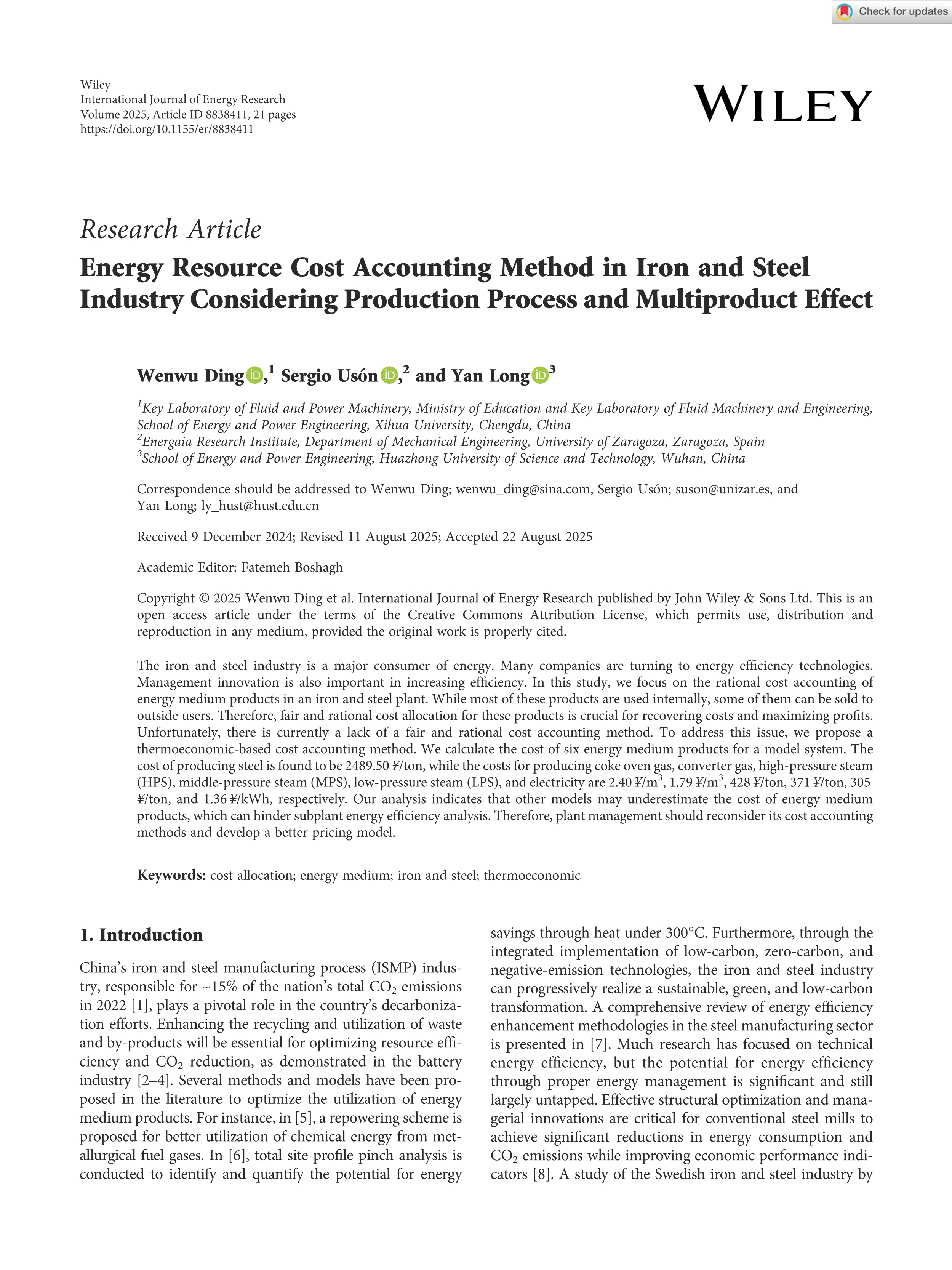 Energy resource cost accounting method in iron and steel industry considering production process and multiproduct effect