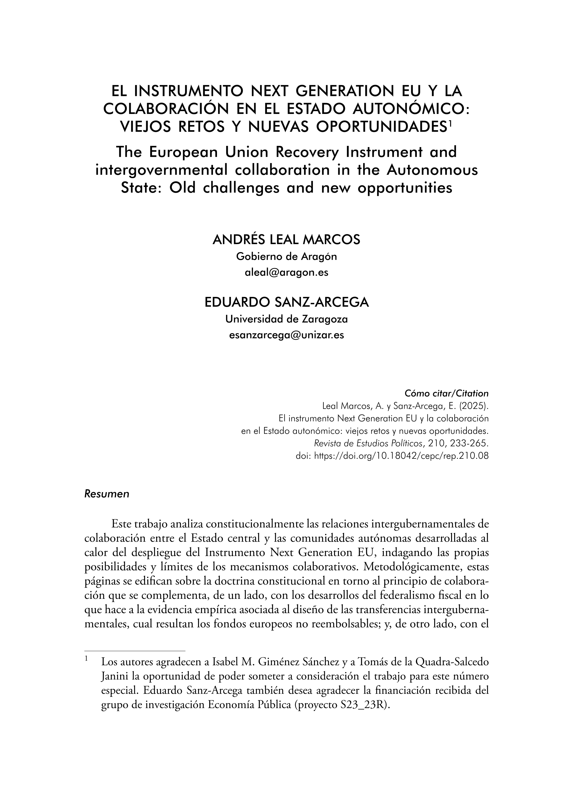 El instrumento Next Generation EU y la colaboración en el Estado autonómico: Viejos retos y nuevas oportunidades