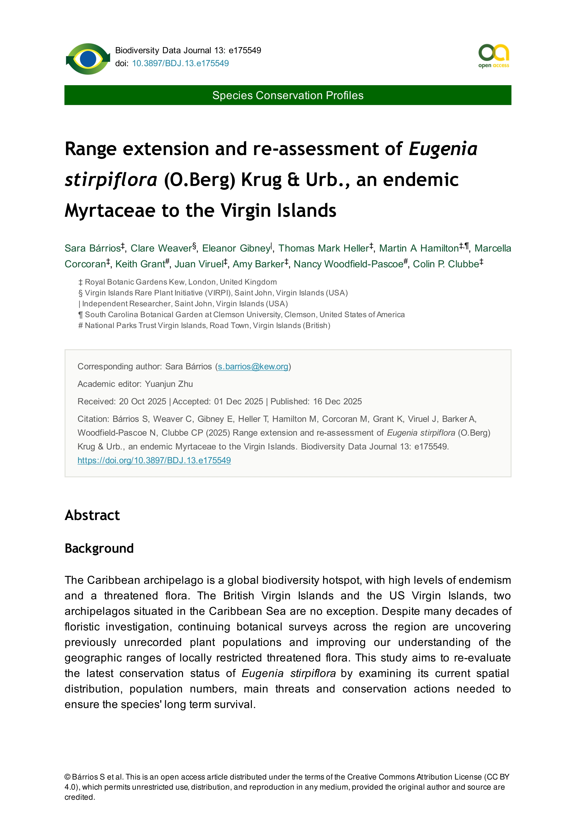 Range extension and re-assessment of Eugenia stirpiflora (O.Berg) Krug &amp; Urb., an endemic Myrtaceae to the Virgin Islands