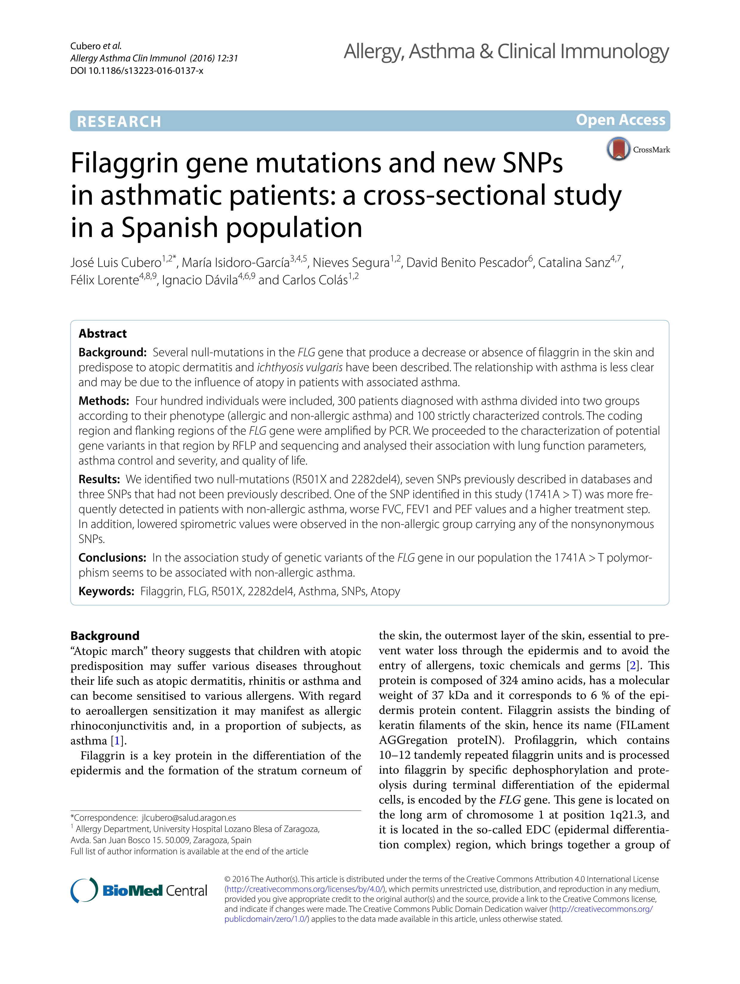 Filaggrin gene mutations and new SNPs in asthmatic patients: a cross-sectional study in a Spanish population