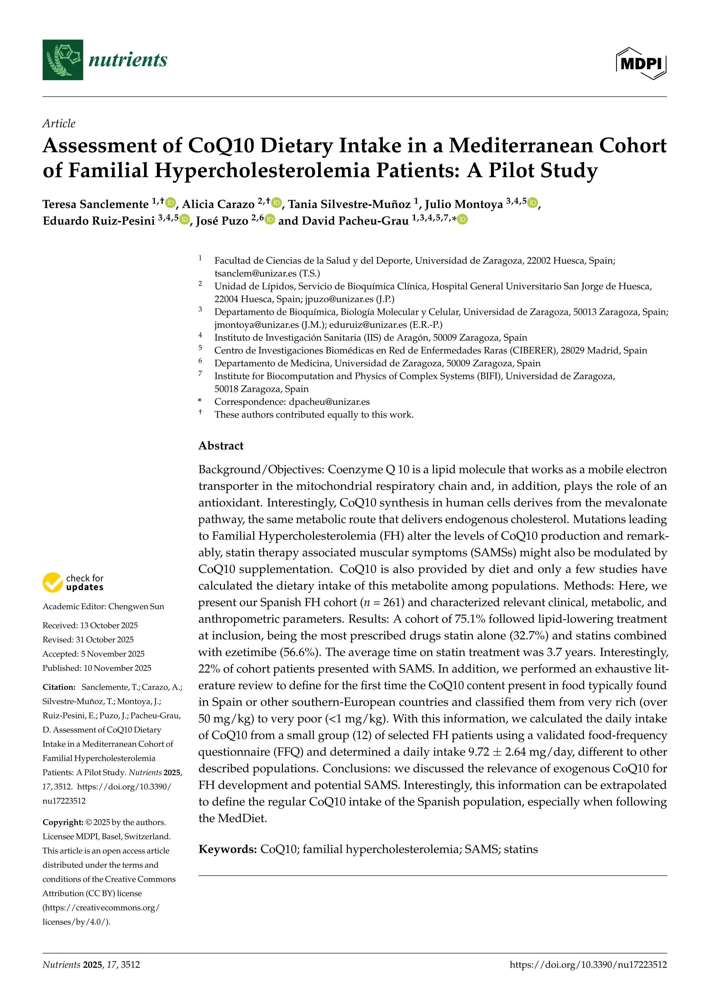Assessment of CoQ10 dietary intake in a mediterranean cohort of familial hypercholesterolemia patients: a pilot study