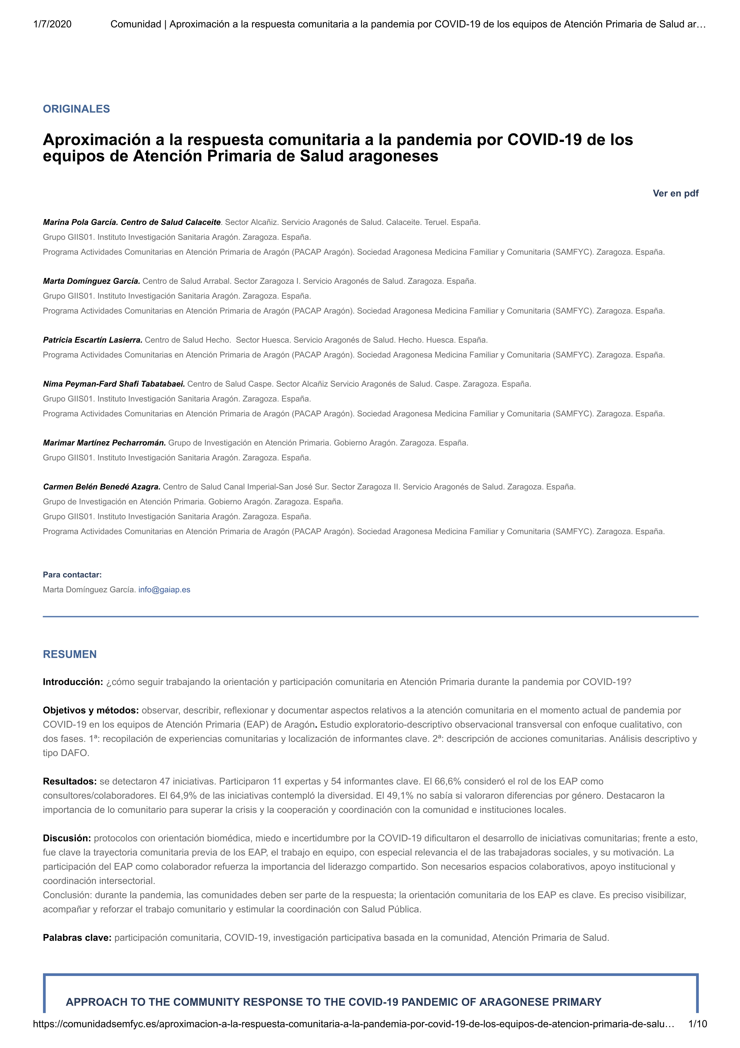 Aproximación a la respuesta comunitaria a la pandemia por COVID-19 de los equipos de Atención Primaria de Salud aragoneses