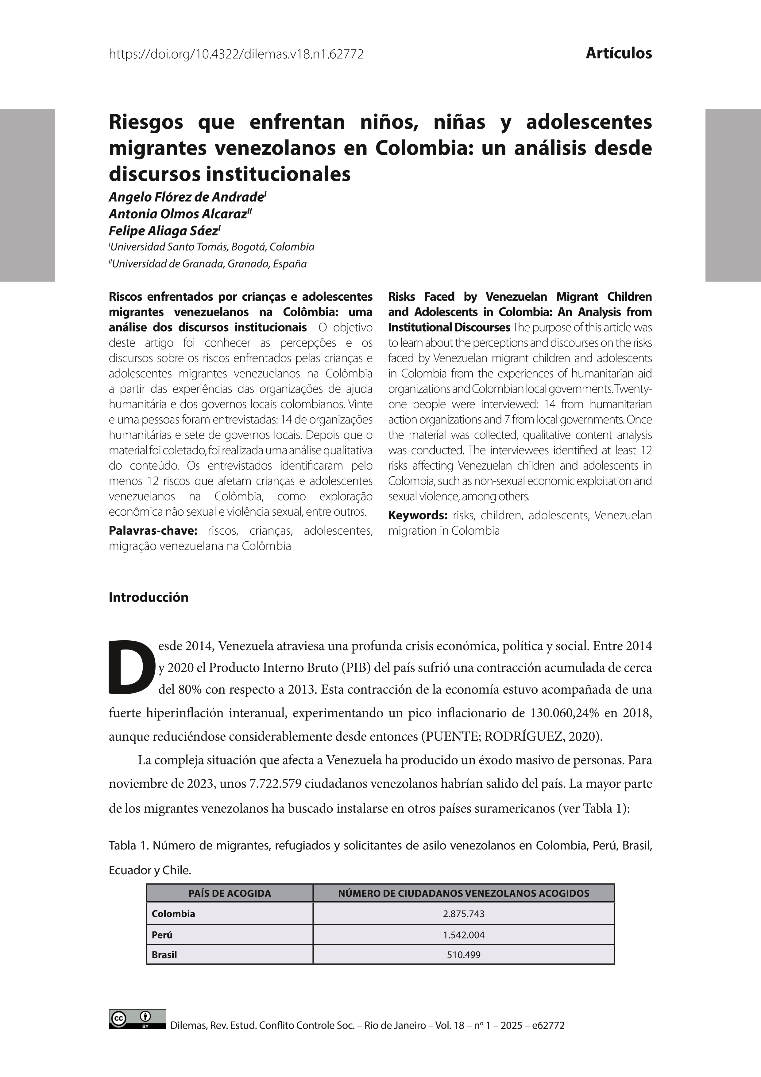 Riesgos que enfrentan niños, niñas y adolescentes migrantes venezolanos en Colombia: un análisis desde discursos institucionales