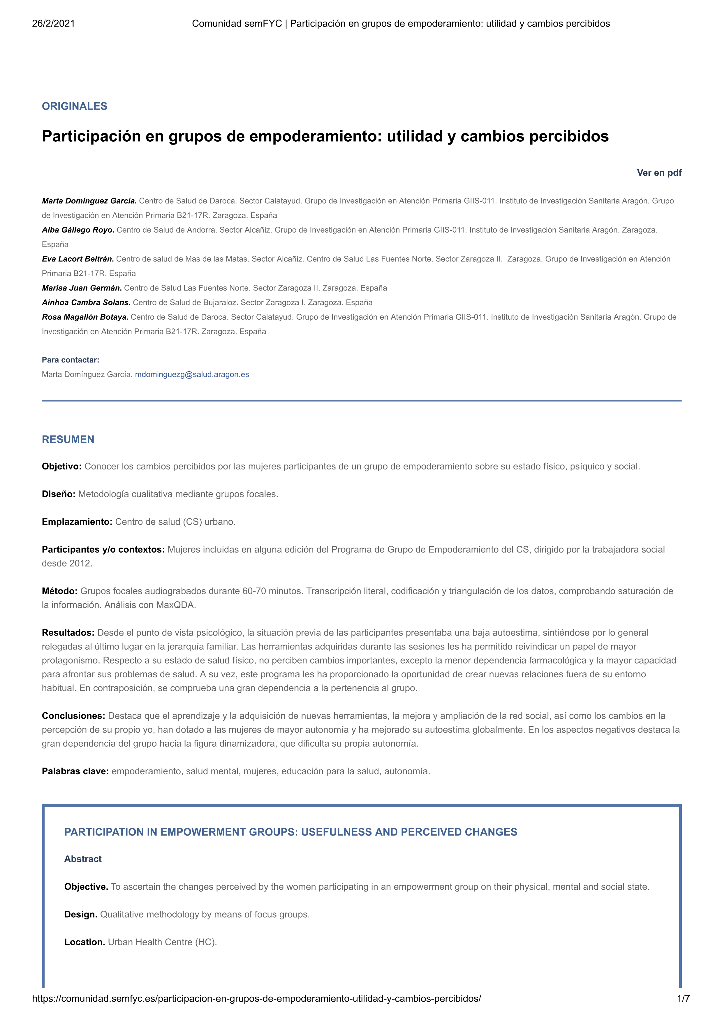 Participación en grupos de empoderamiento: utilidad y cambios percibidos