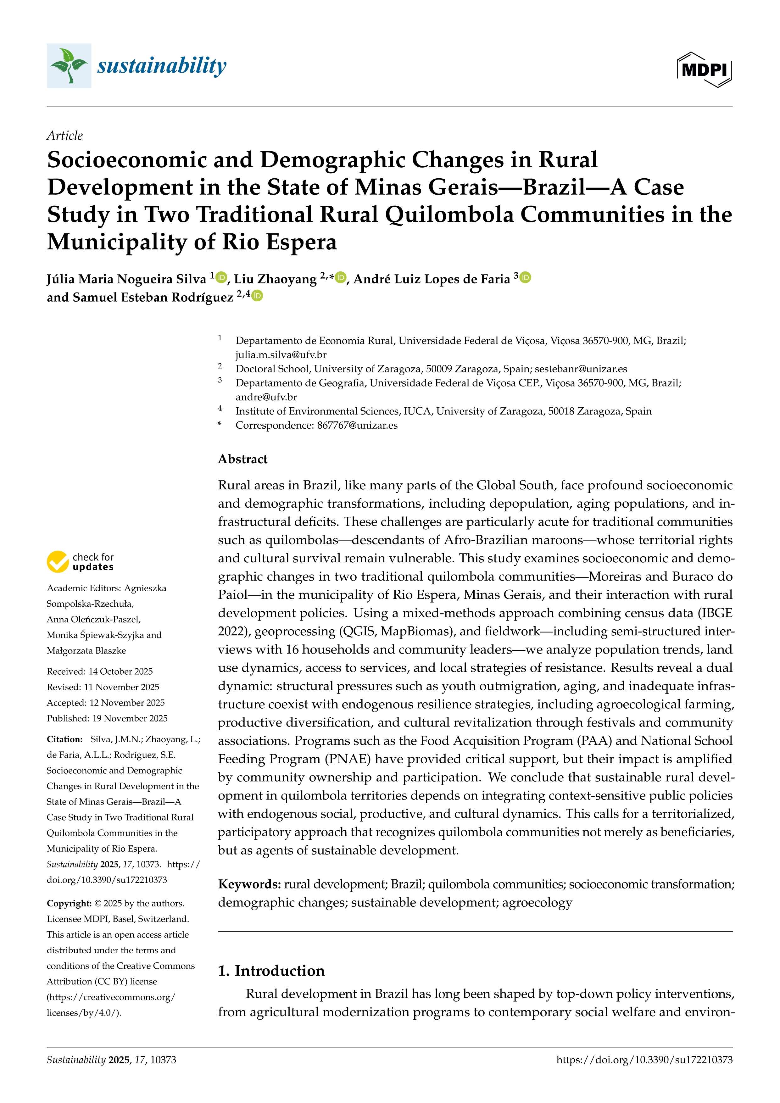 Socioeconomic and Demographic Changes in Rural Development in the State of Minas Gerais—Brazil—A Case Study in Two Traditional Rural Quilombola Communities in the Municipality of Rio Espera