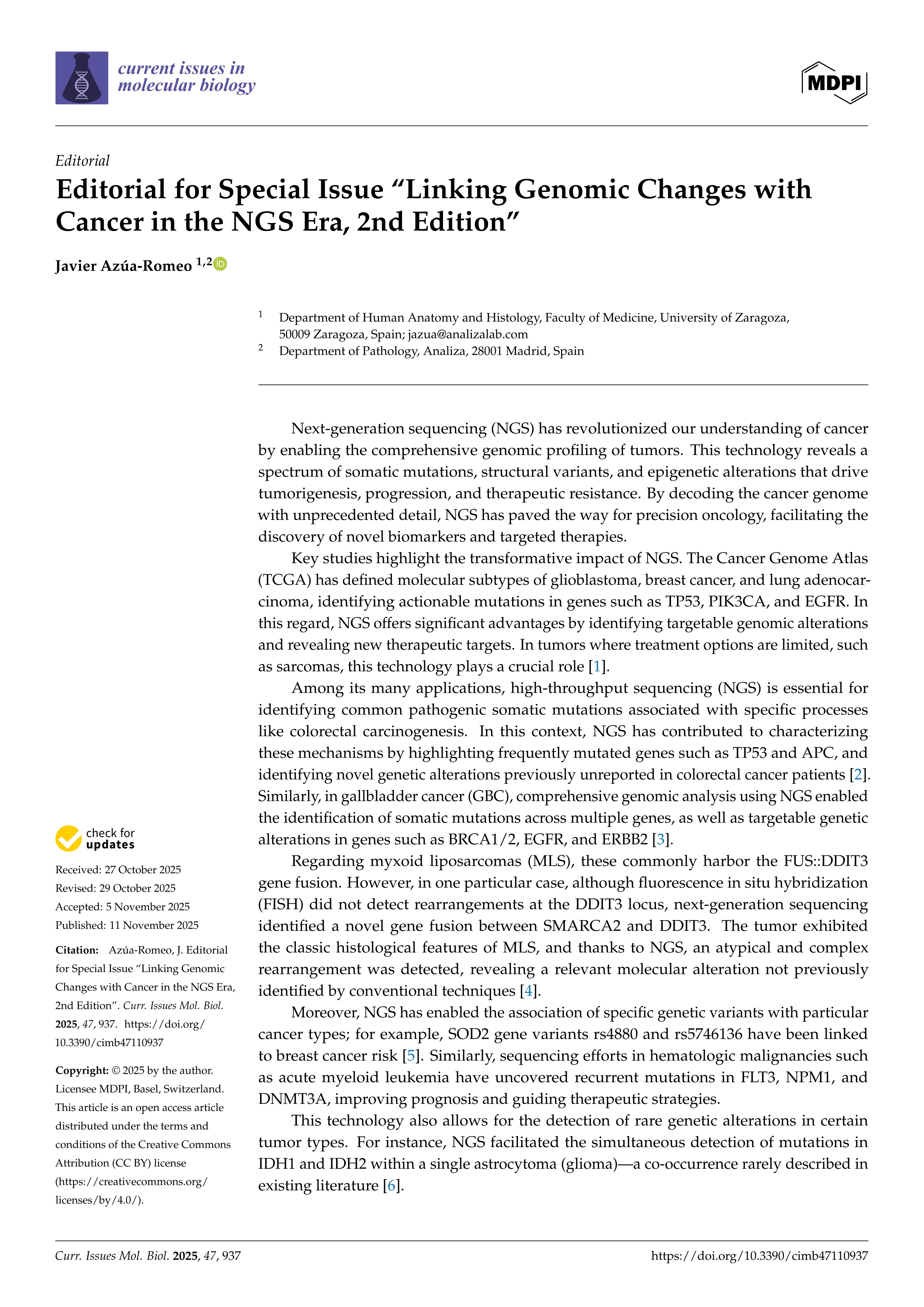Editorial for Special Issue “Linking Genomic Changes with Cancer in the NGS Era, 2nd Edition”