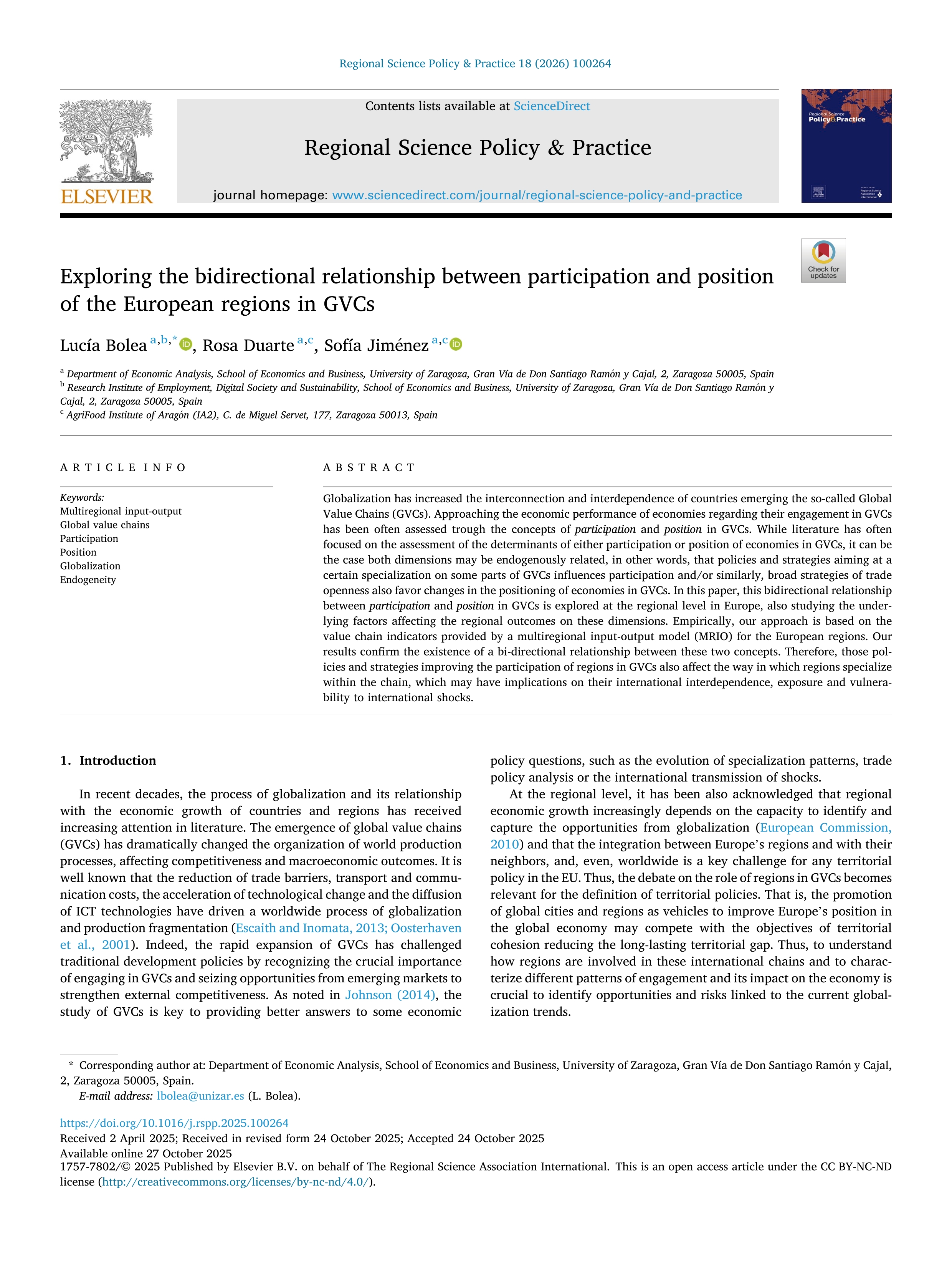 Exploring the bidirectional relationship between participation and position of the European regions in GVCs