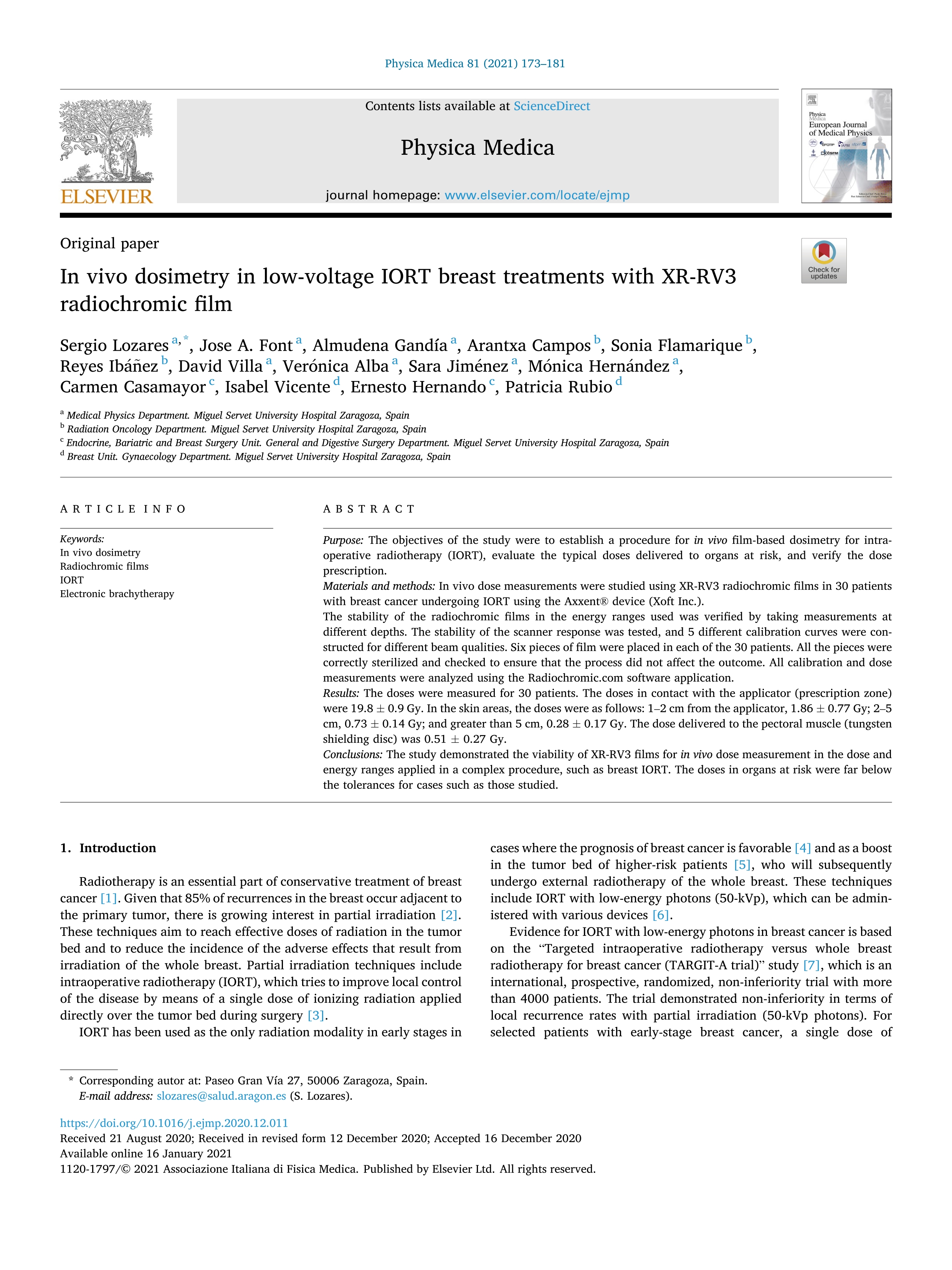 In vivo dosimetry in low-voltage IORT breast treatments with XR-RV3 radiochromic film