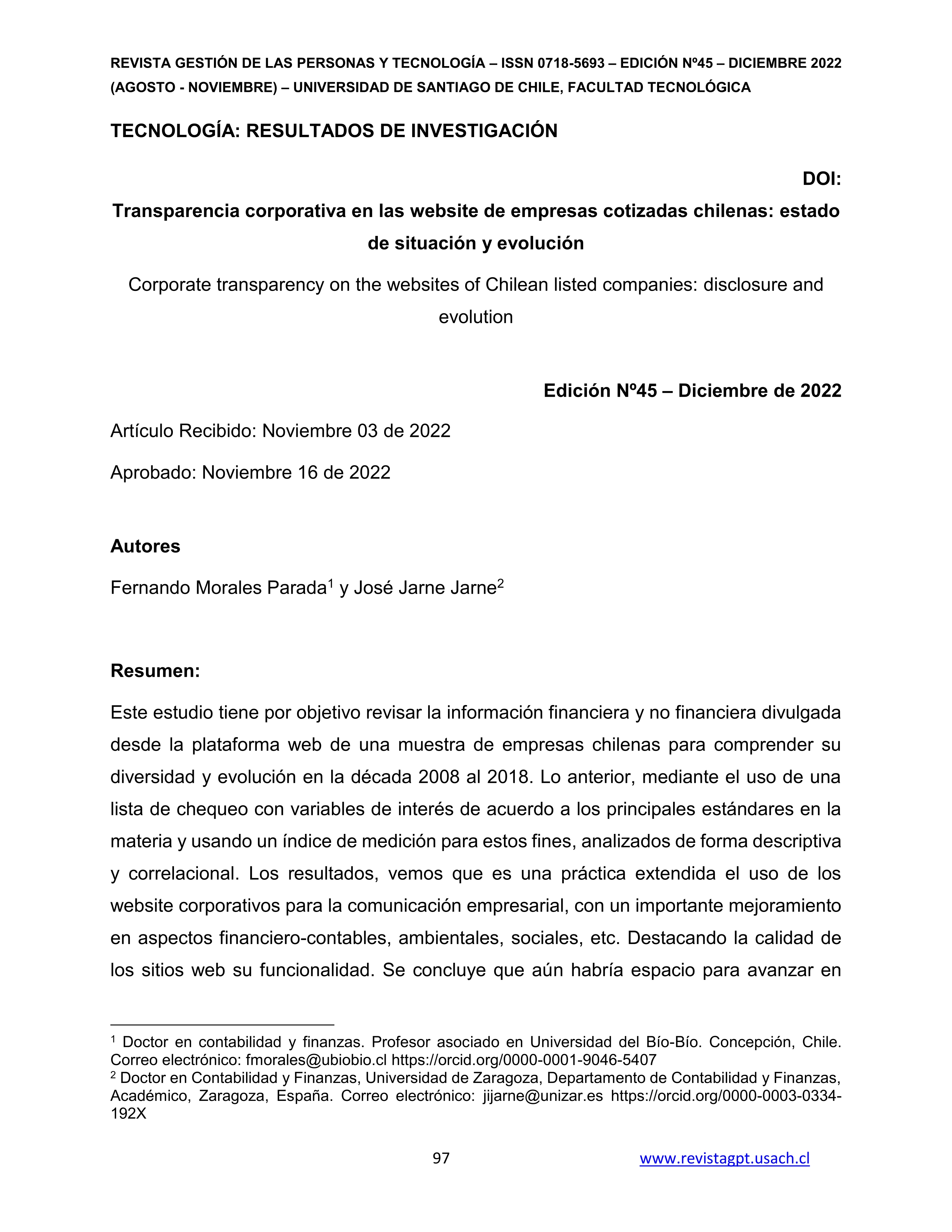 Transparencia corporativa en las website de empresas cotizadas chilenas: estado de situación y evolución
