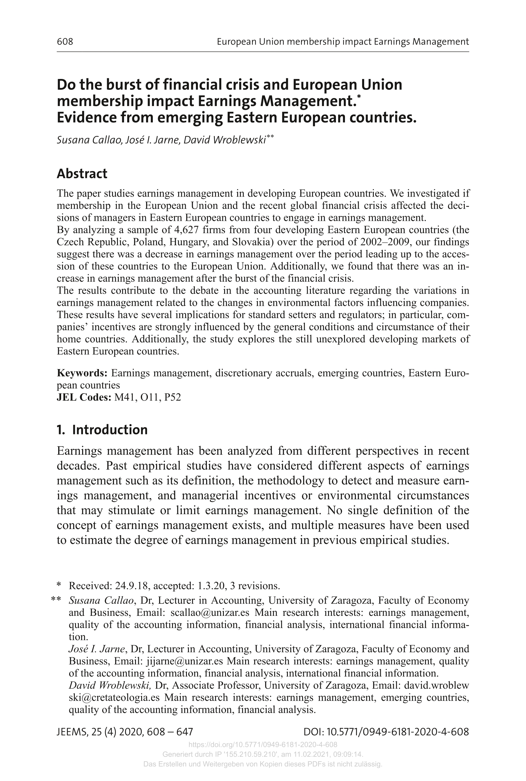 Do the burst of financial crisis and European union membership impact earnings management. Evidence from emerging eastern European countries