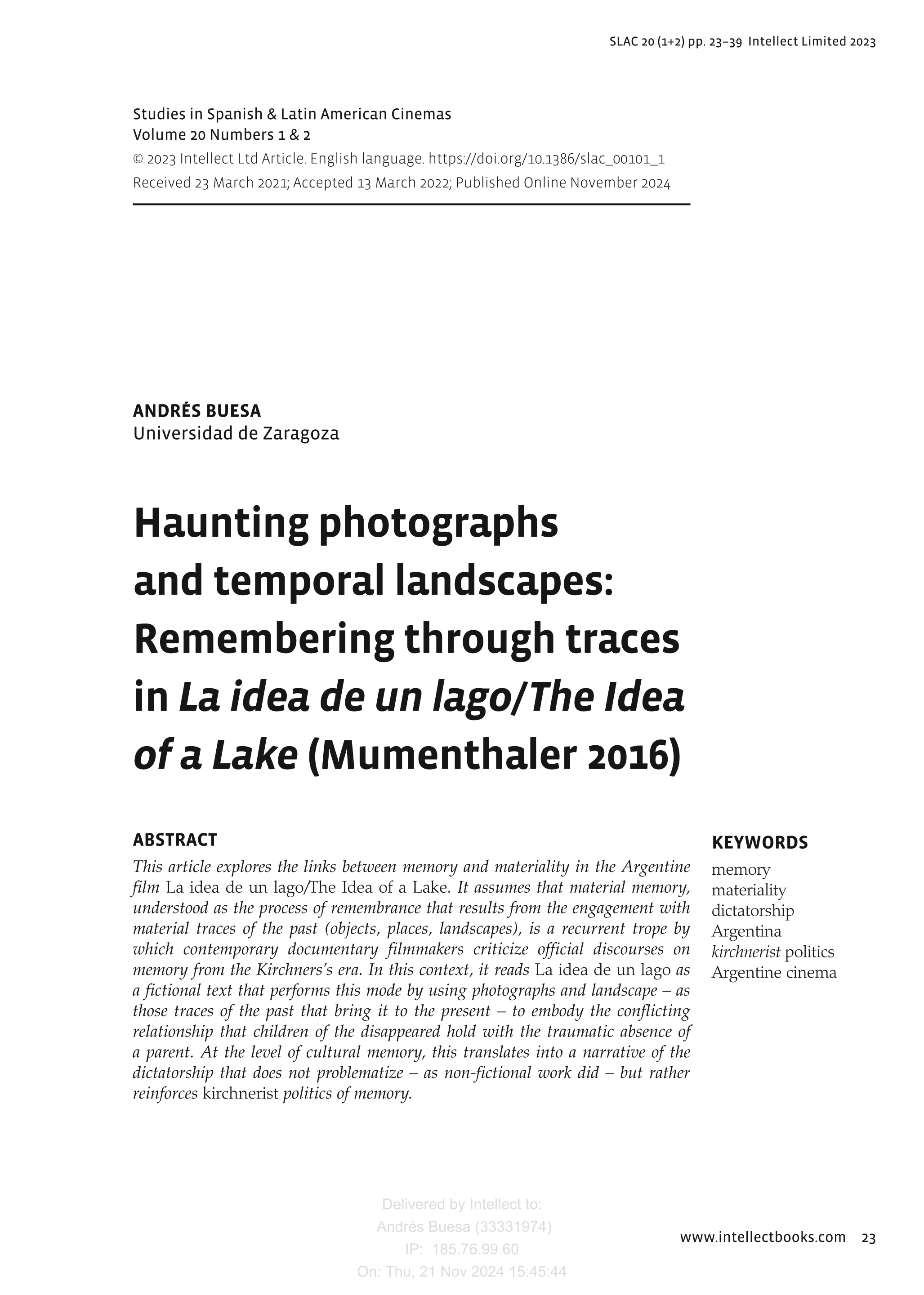 Haunting photographs and temporal landscapes: Remembering through traces in La idea de un lago/The Idea of a Lake (Mumenthaler 2016)